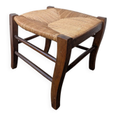 Antique solid wood stool with traditional rush seating – Late 19th century