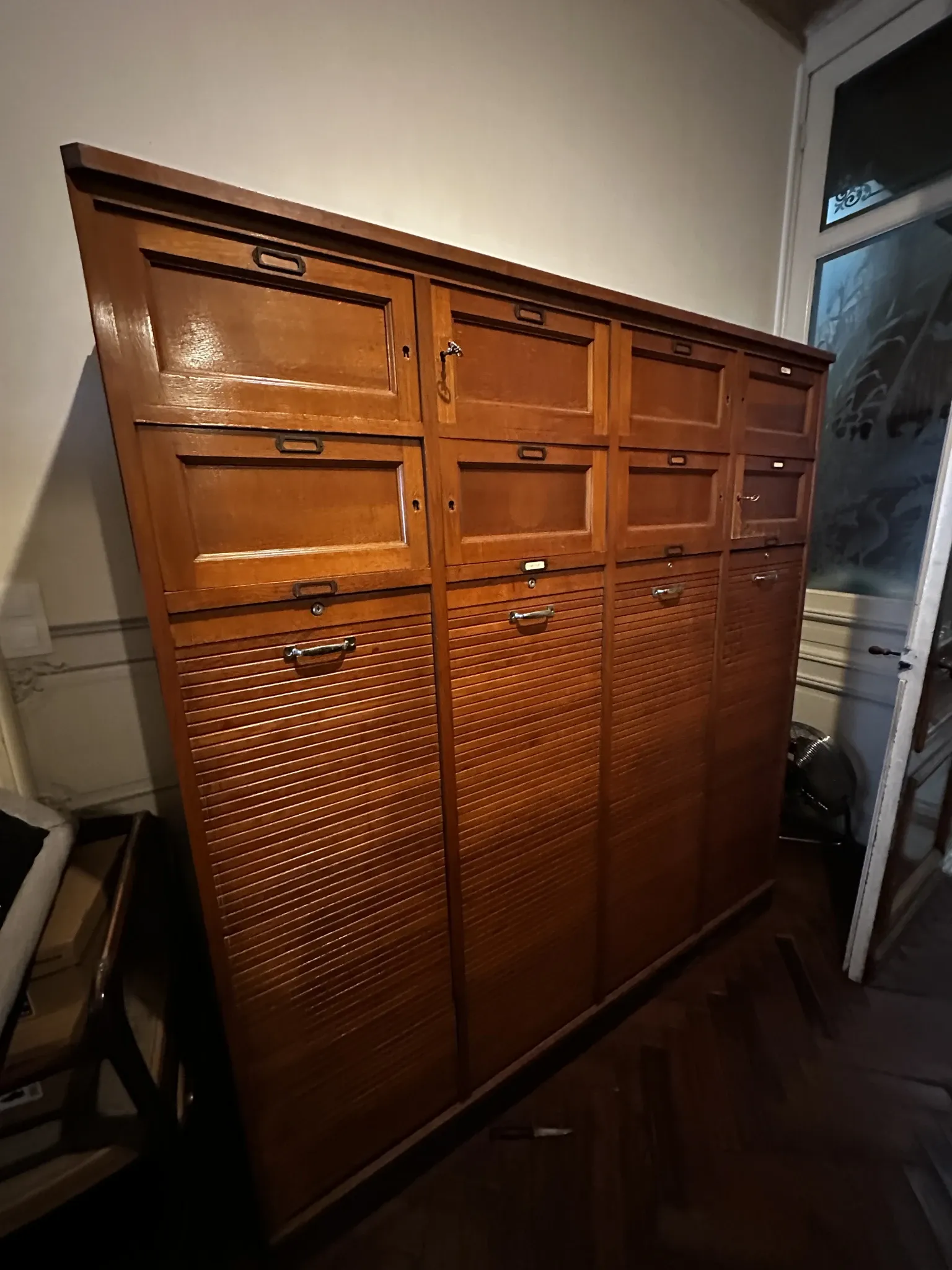 Vintage oak workshop cabinet, 4 columns with curtains – craft furniture