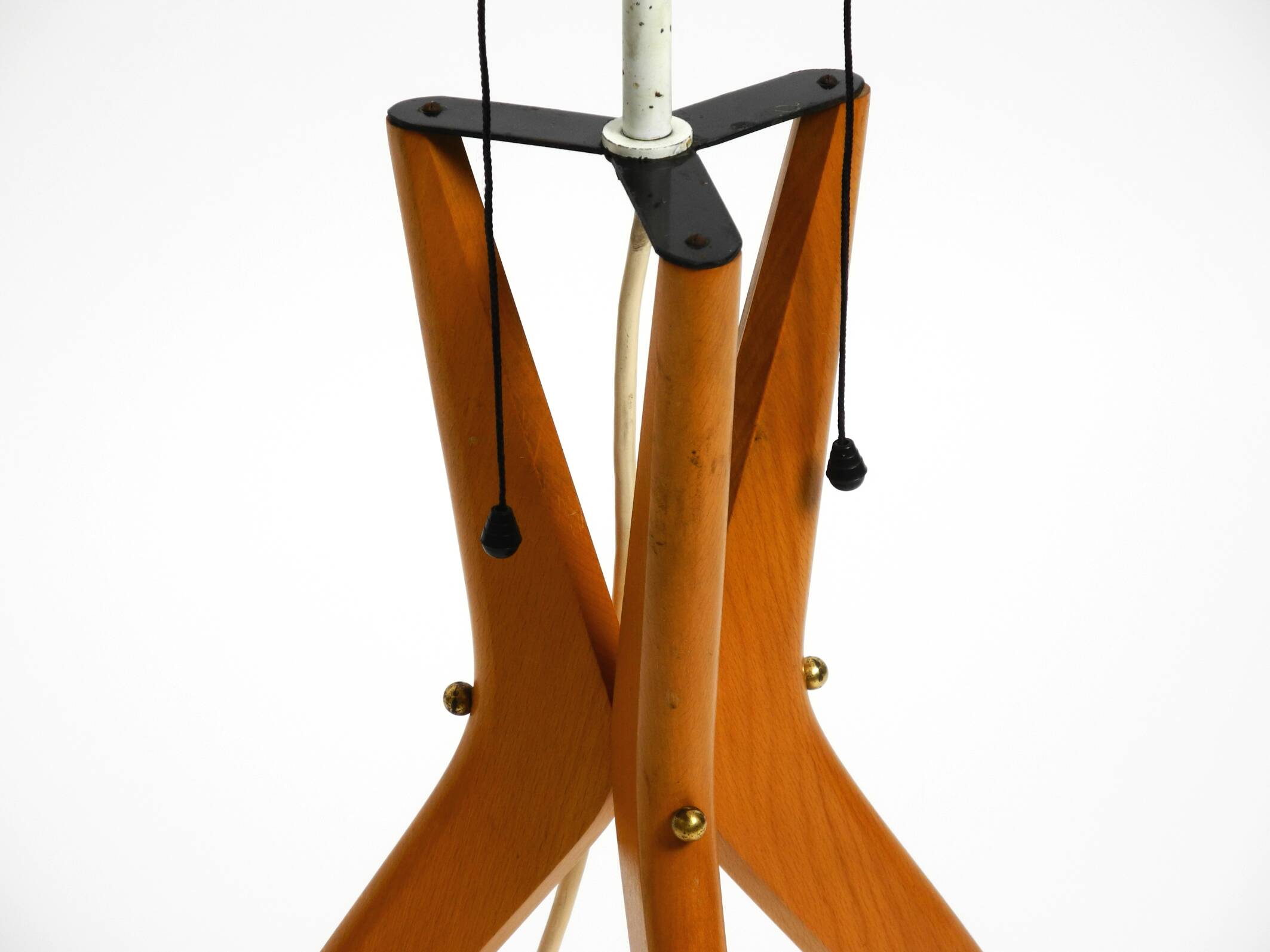 Mid Century Modern tripod walnut wood floor lamp with large fabric shade