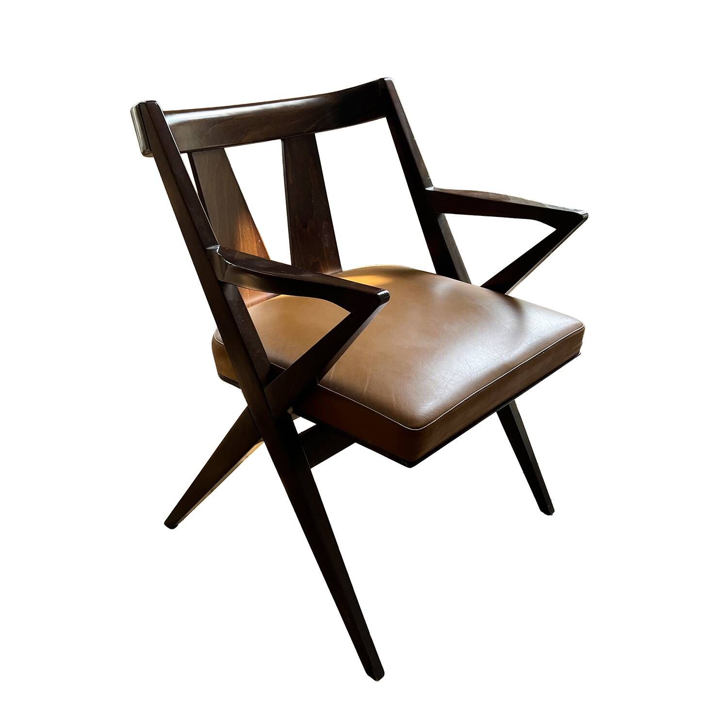 4 Dining chairs inspired by Pierre Jeanneret style, made of solid wood and leather.