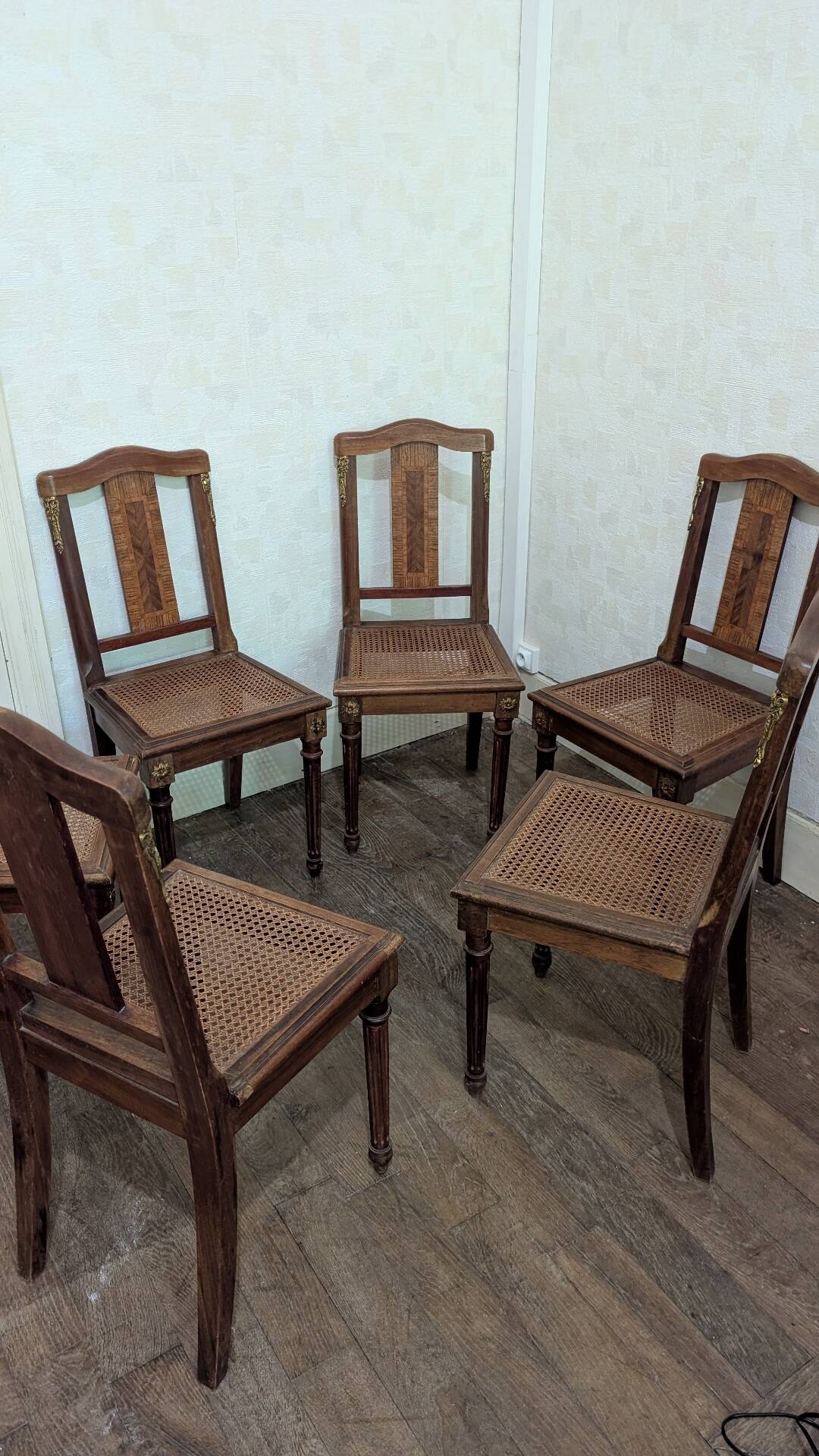 Set of 6 Louis XVI chairs in marquetry wood and caning.