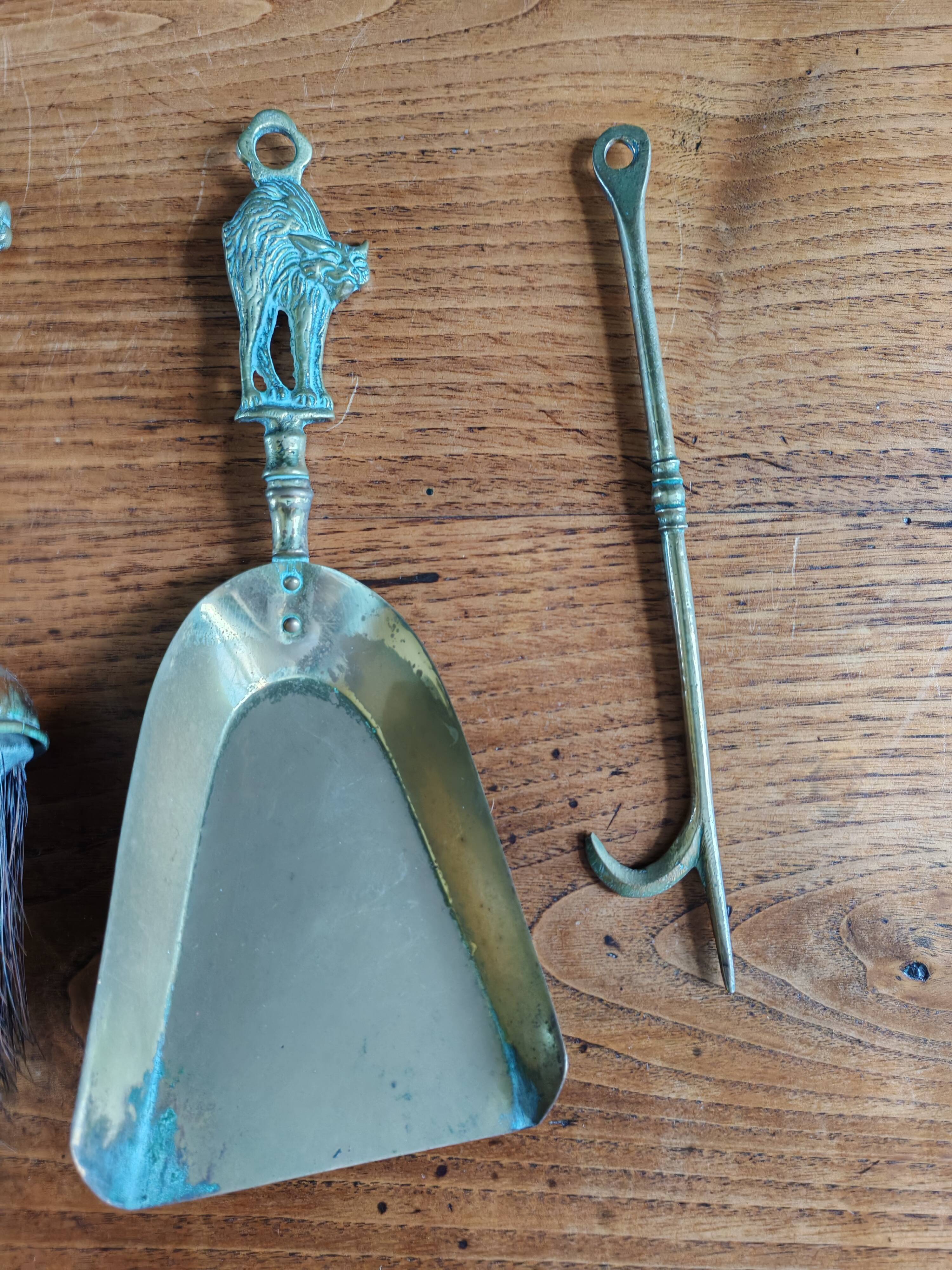 Vintage Brass Fireplace Tools Cat Decor