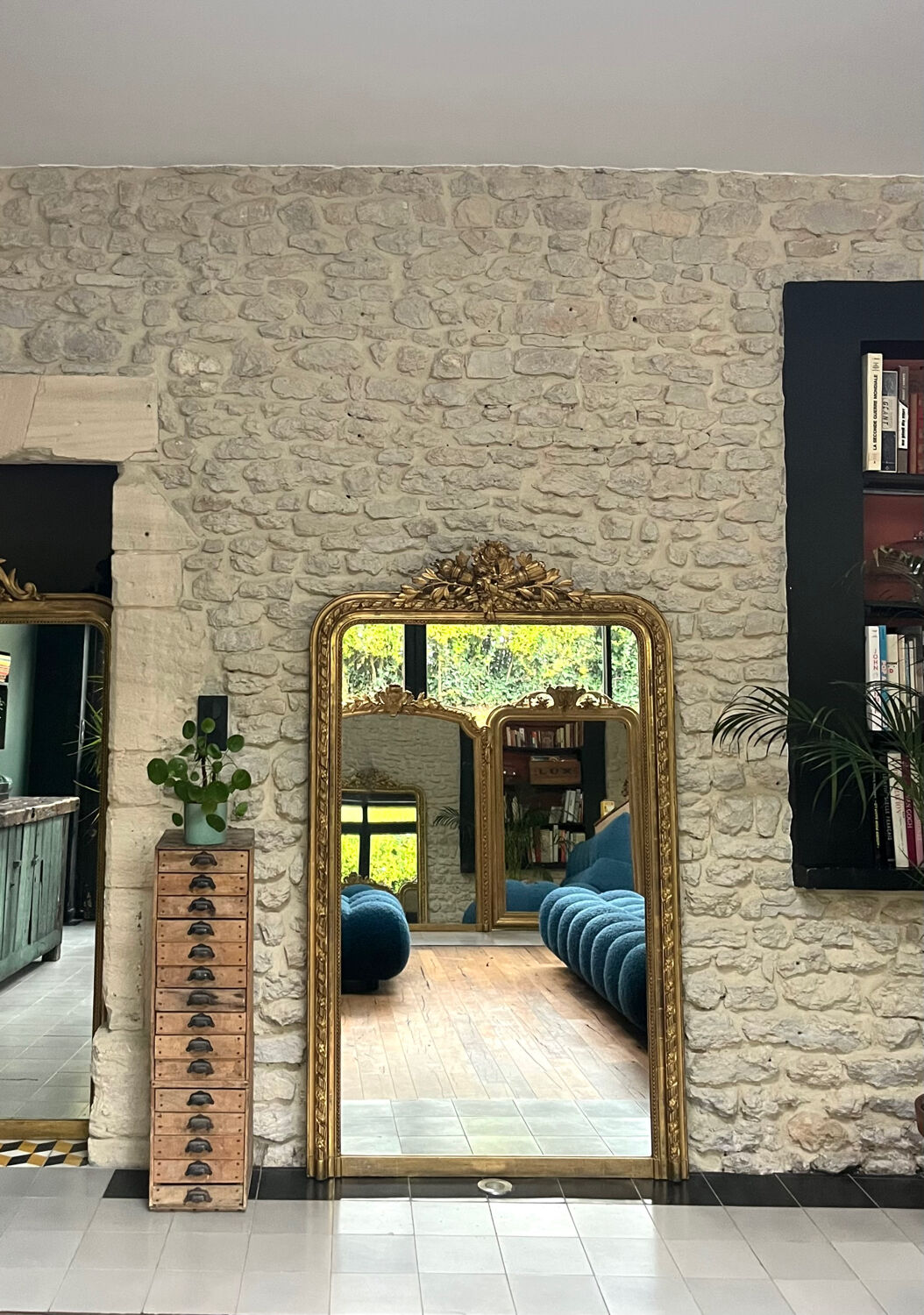 Antique Louis-Philippe fireplace mirror with pediment and beading, 174.5cm