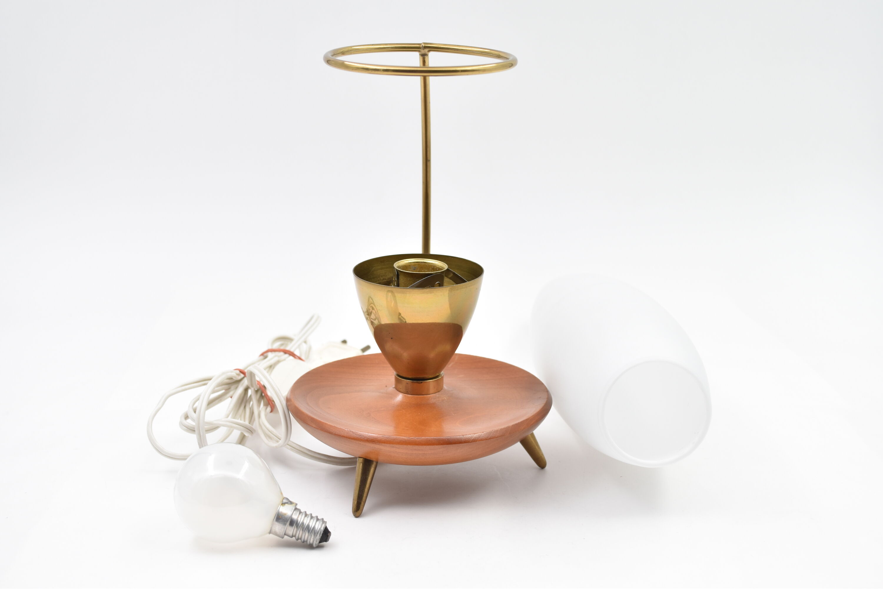 Lamp tripod vintage teak brass opaline