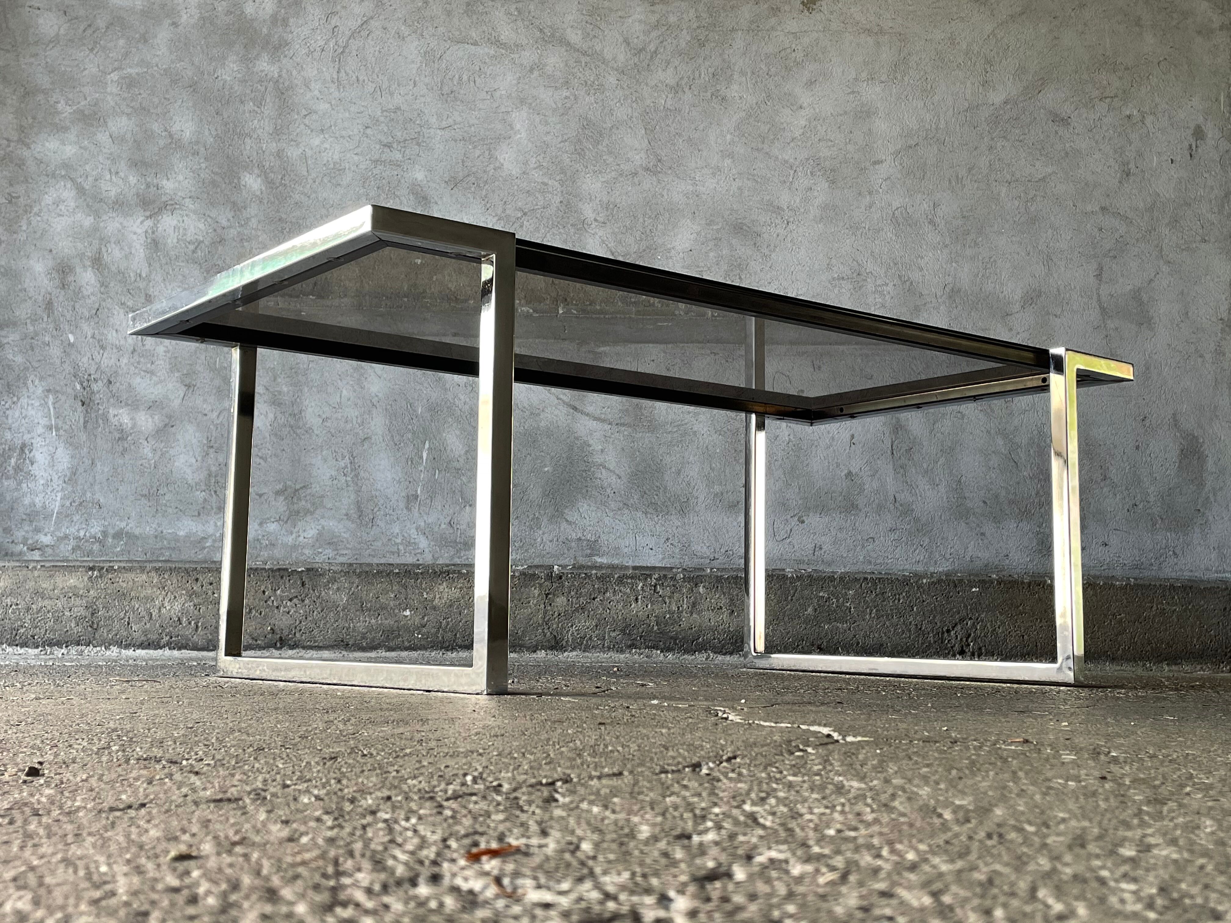 Coffee table in chromed metal and smoked glass, 1970s
