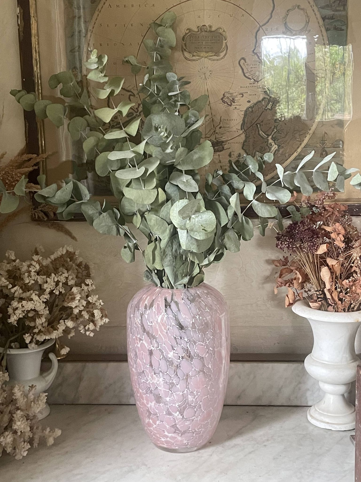 Marbled pink blown glass art vase, La Rochère