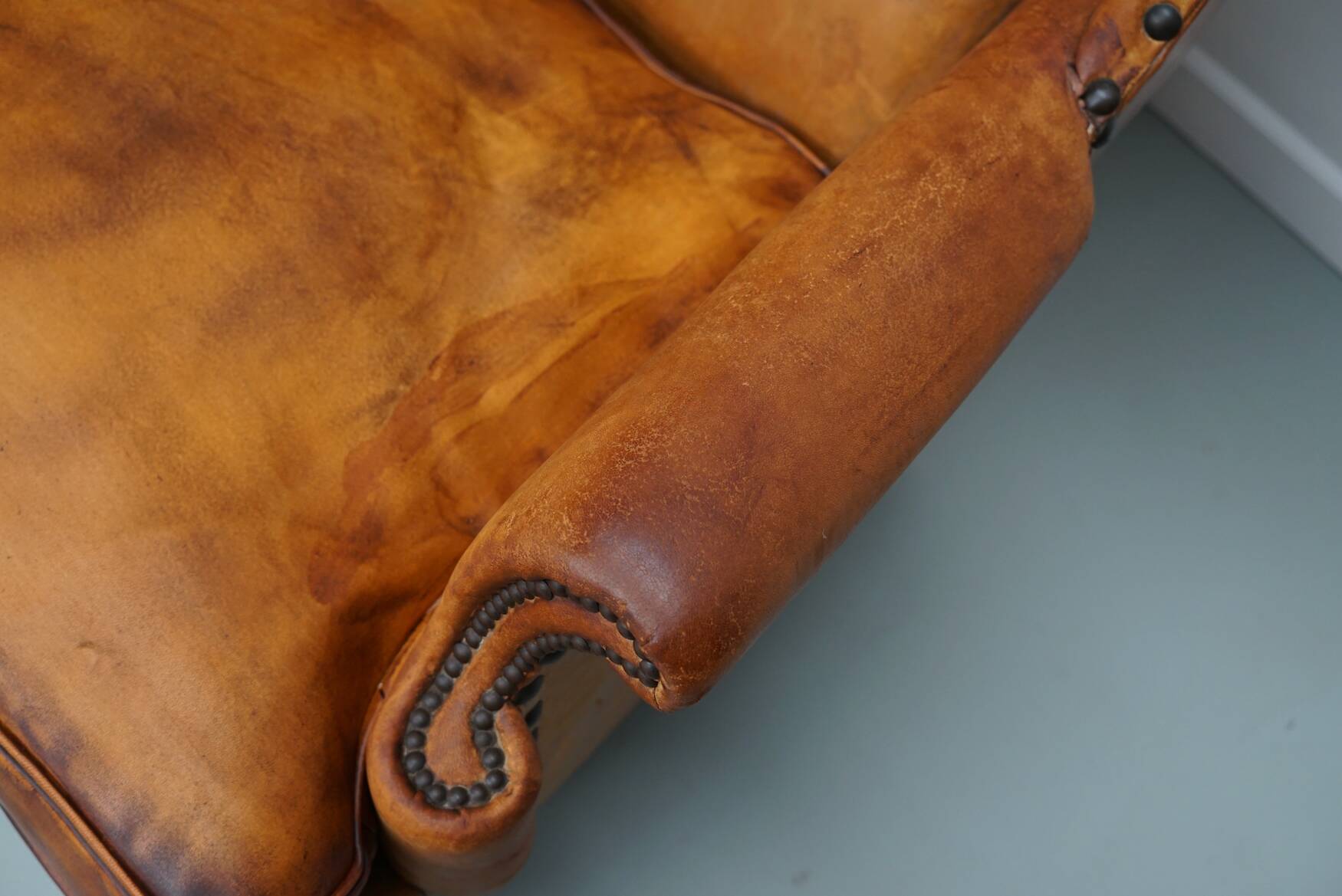 Old Patinated Dutch Cognac Colored Leather Club Chair, Set of 2