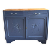 Buffet parisien bois brut et bleu profond