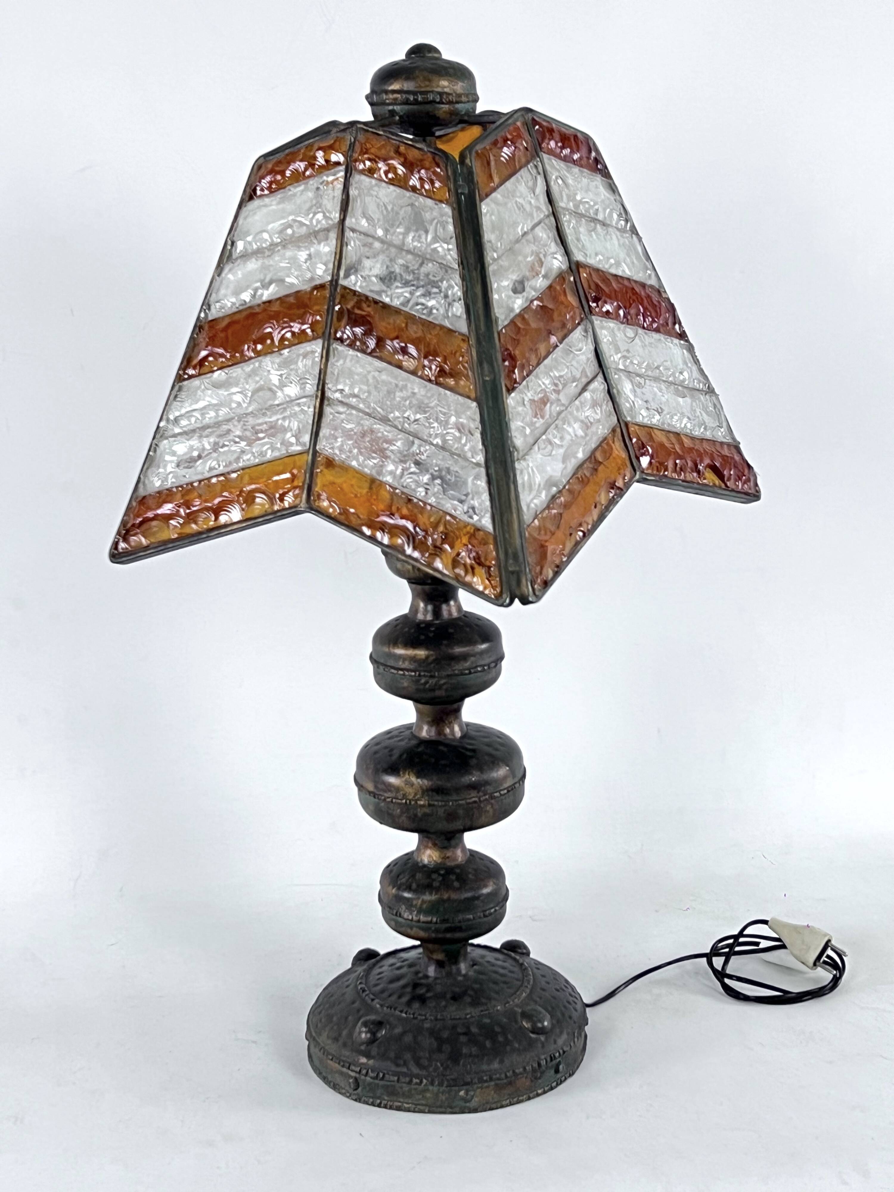 Monumental brutalist thick glass and metal table lamp by Longobard. Italy 1