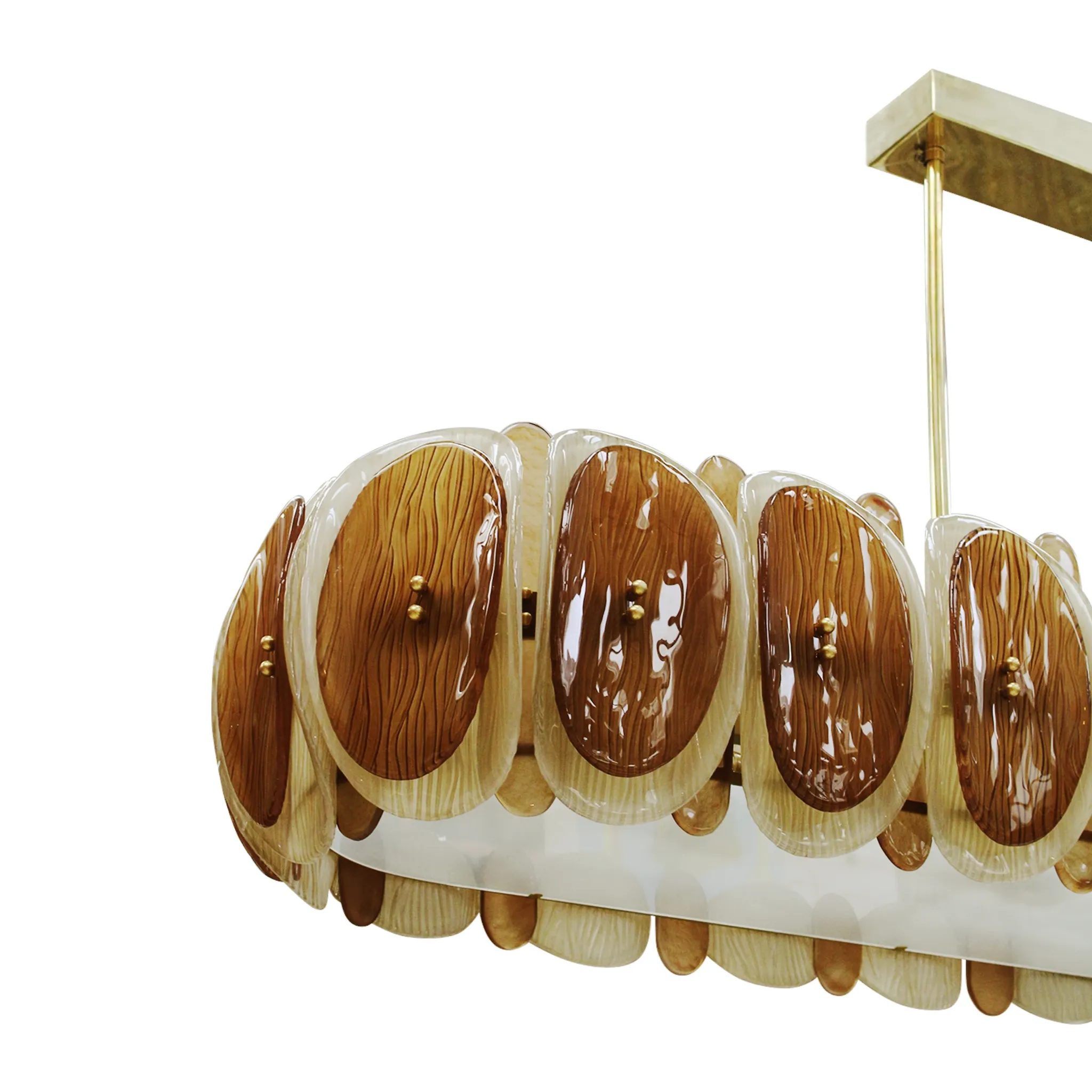 Midmodern Style Italian Brass Pendant Lamp, Brown And Beige Murano Glass