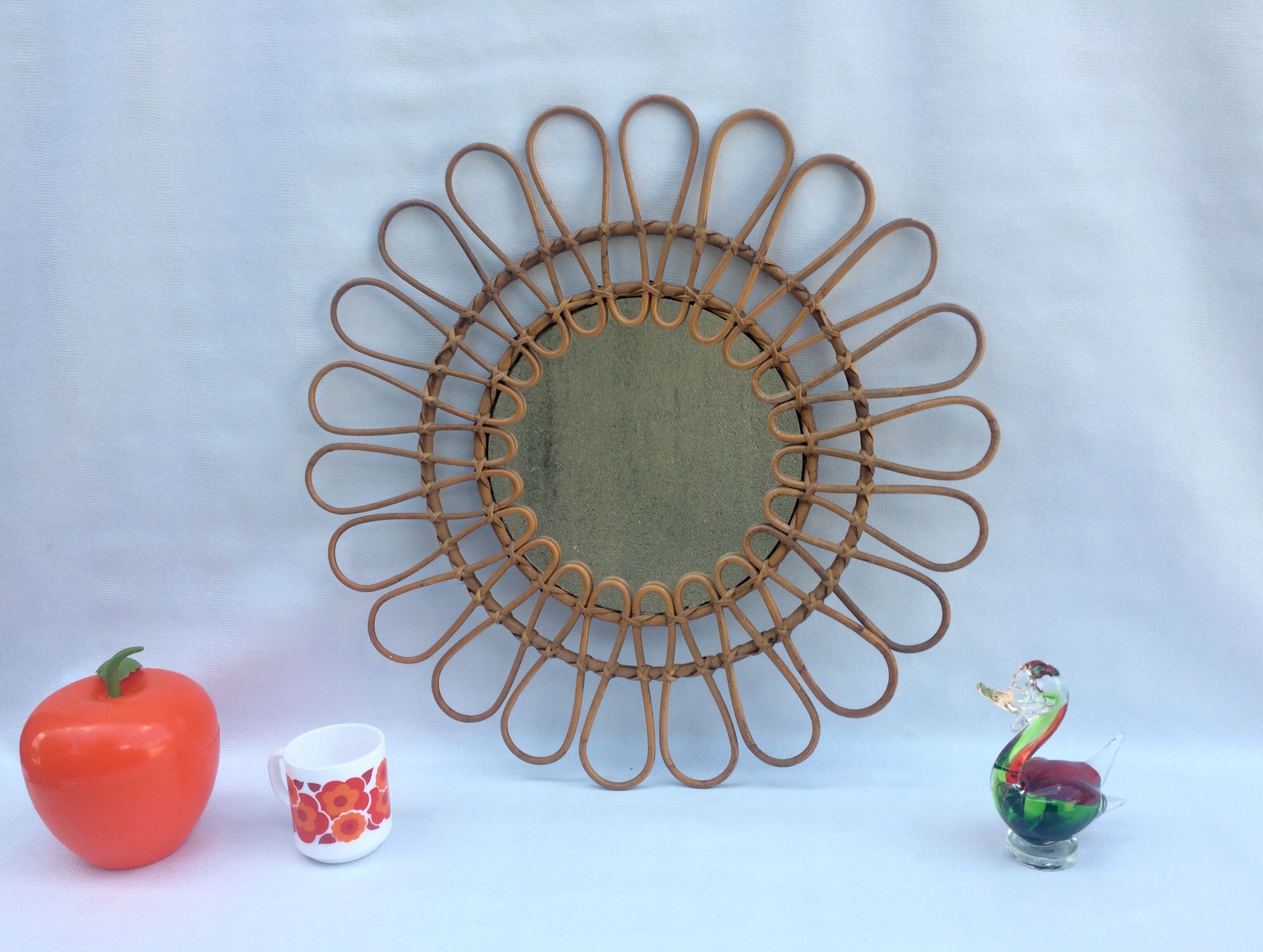 Miroir soleil rotin original vintage 70 59x27cm