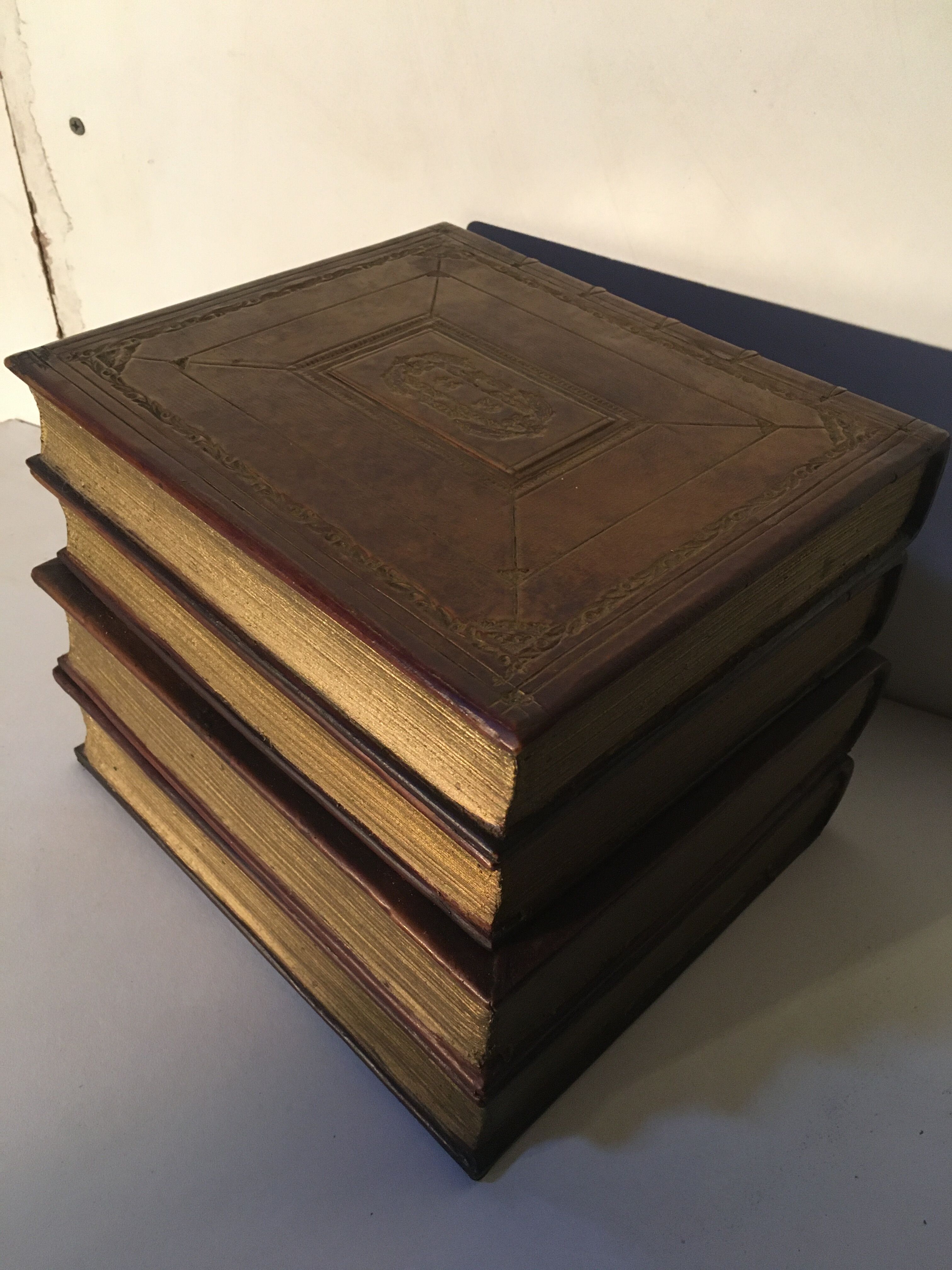 Stacked book ice bucket made of wood and leather
