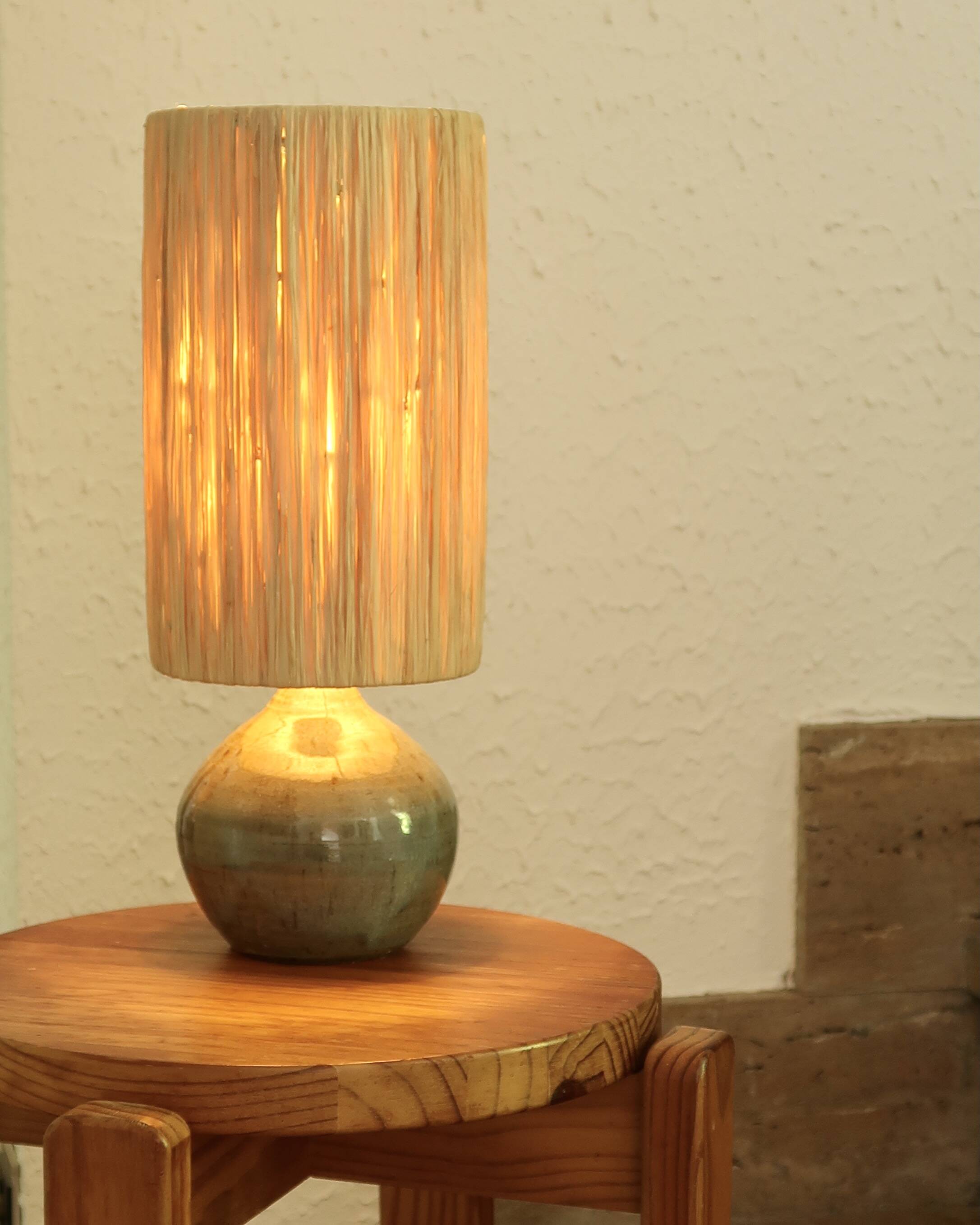 Stoneware potter's lamp, raffia lampshade, 70s ceramic