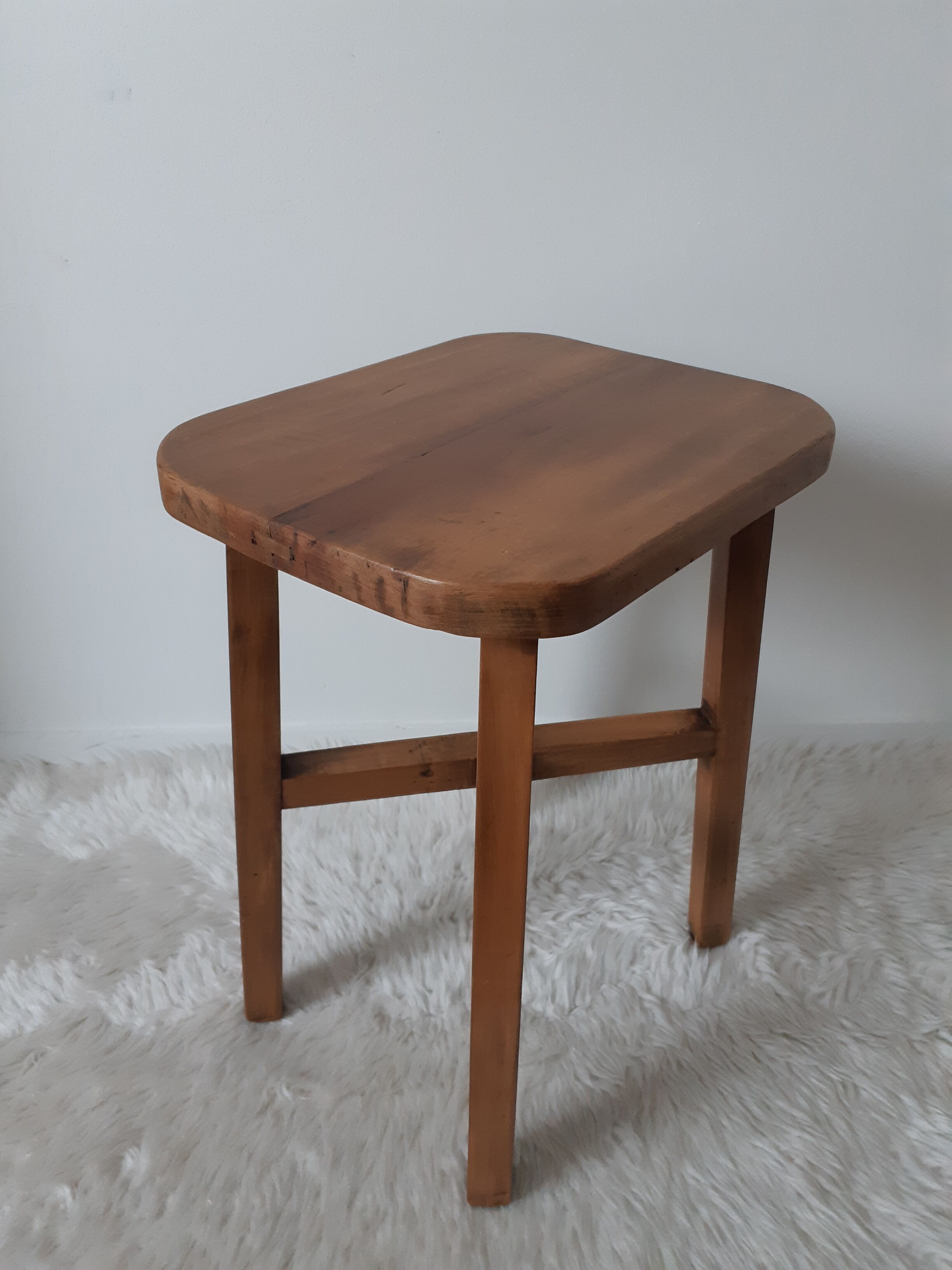 Antique waxed wood stool, side table, vintage seat, farmhouse stool
