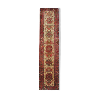 Tapis de laine beige rouge traditionnel de coureur persan tissé à la main 94x445cm