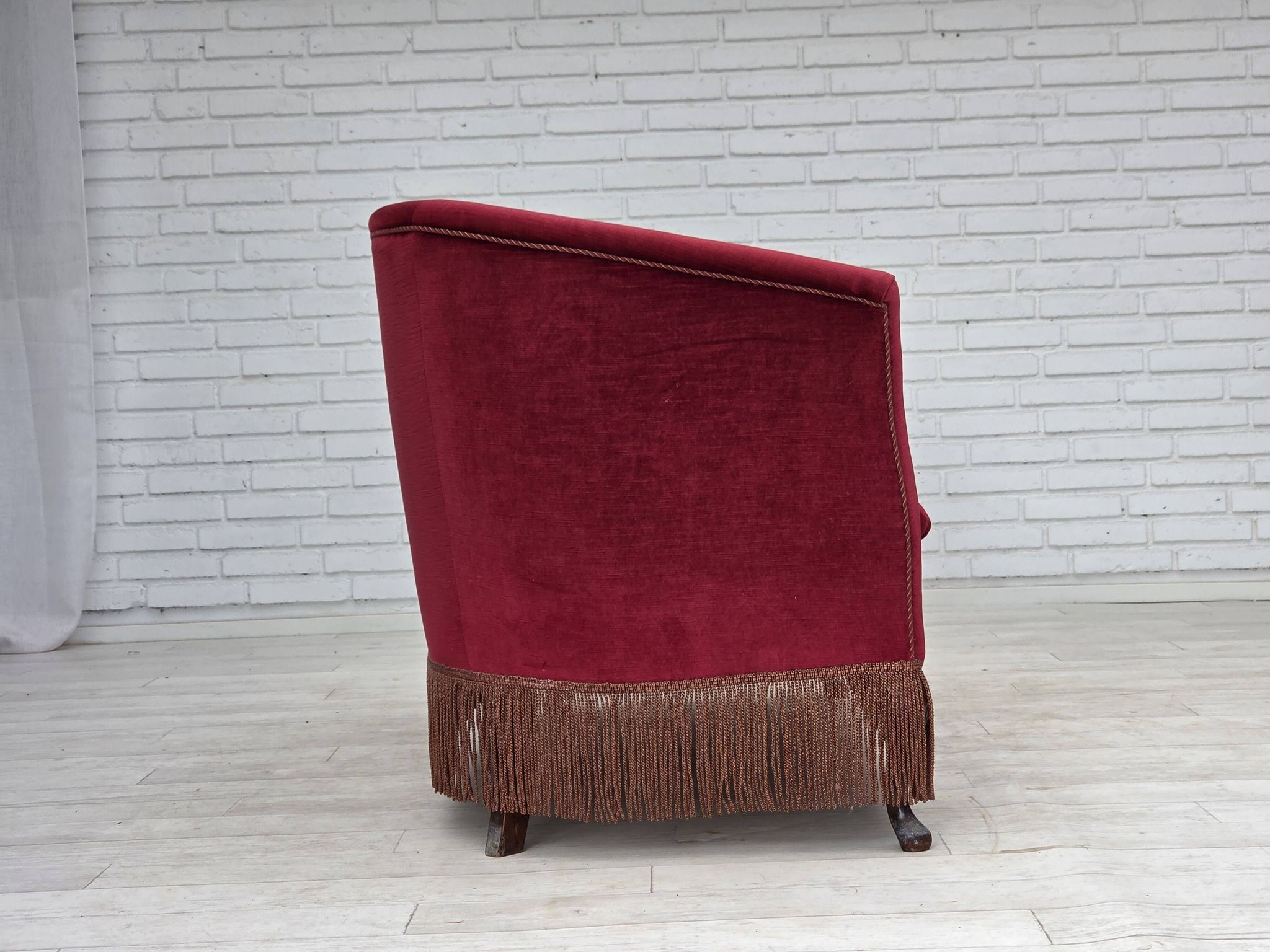 1960s, Danish 2-seater sofa, red furniture velour, ash wood legs.