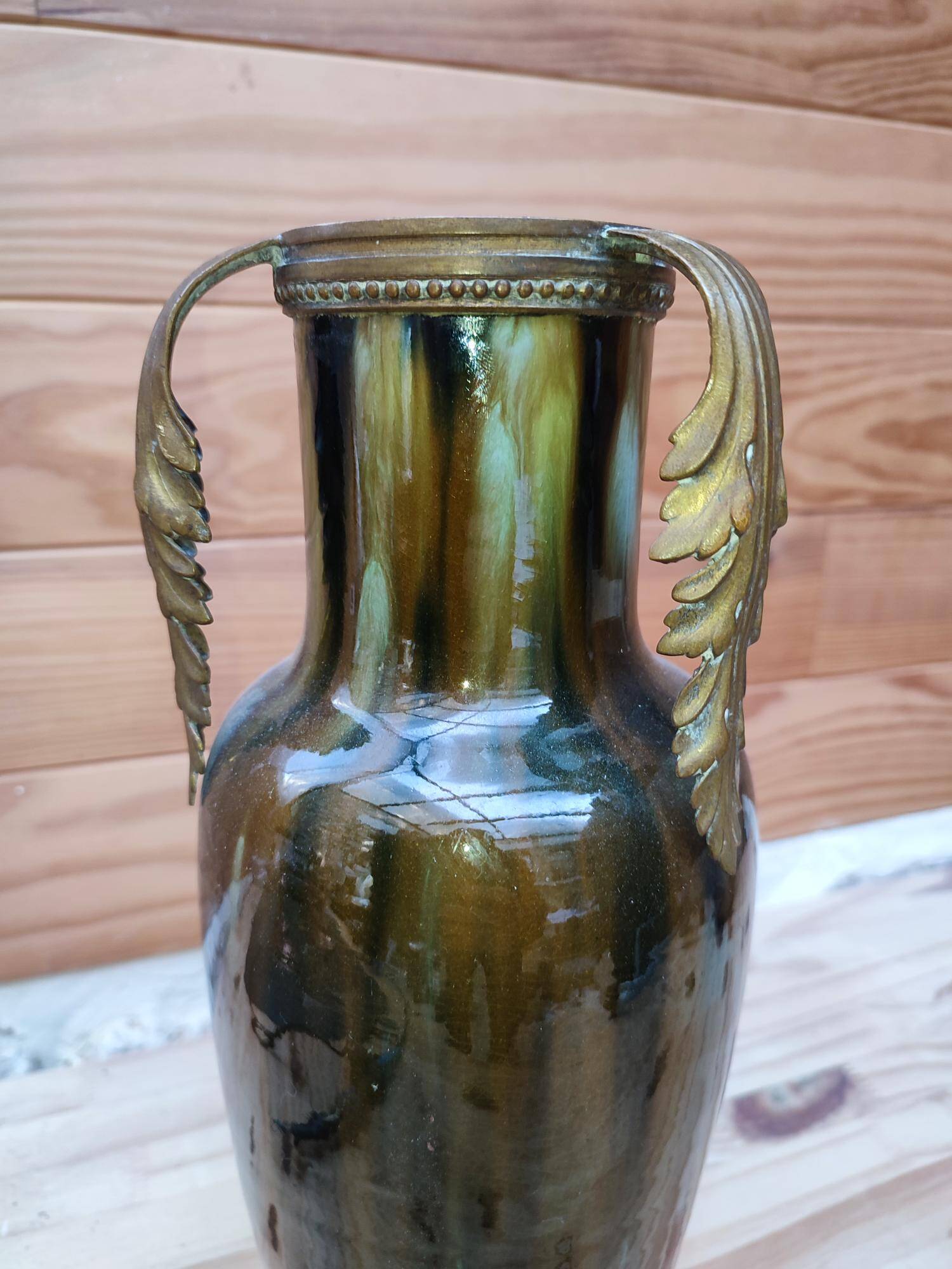 Ceramic vase with dripping in the style of jerome massier or belgian work with bronze handles