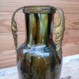 Ceramic vase with dripping in the style of jerome massier or belgian work with bronze handles