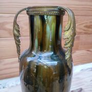 Ceramic vase with dripping in the style of jerome massier or belgian work with bronze handles