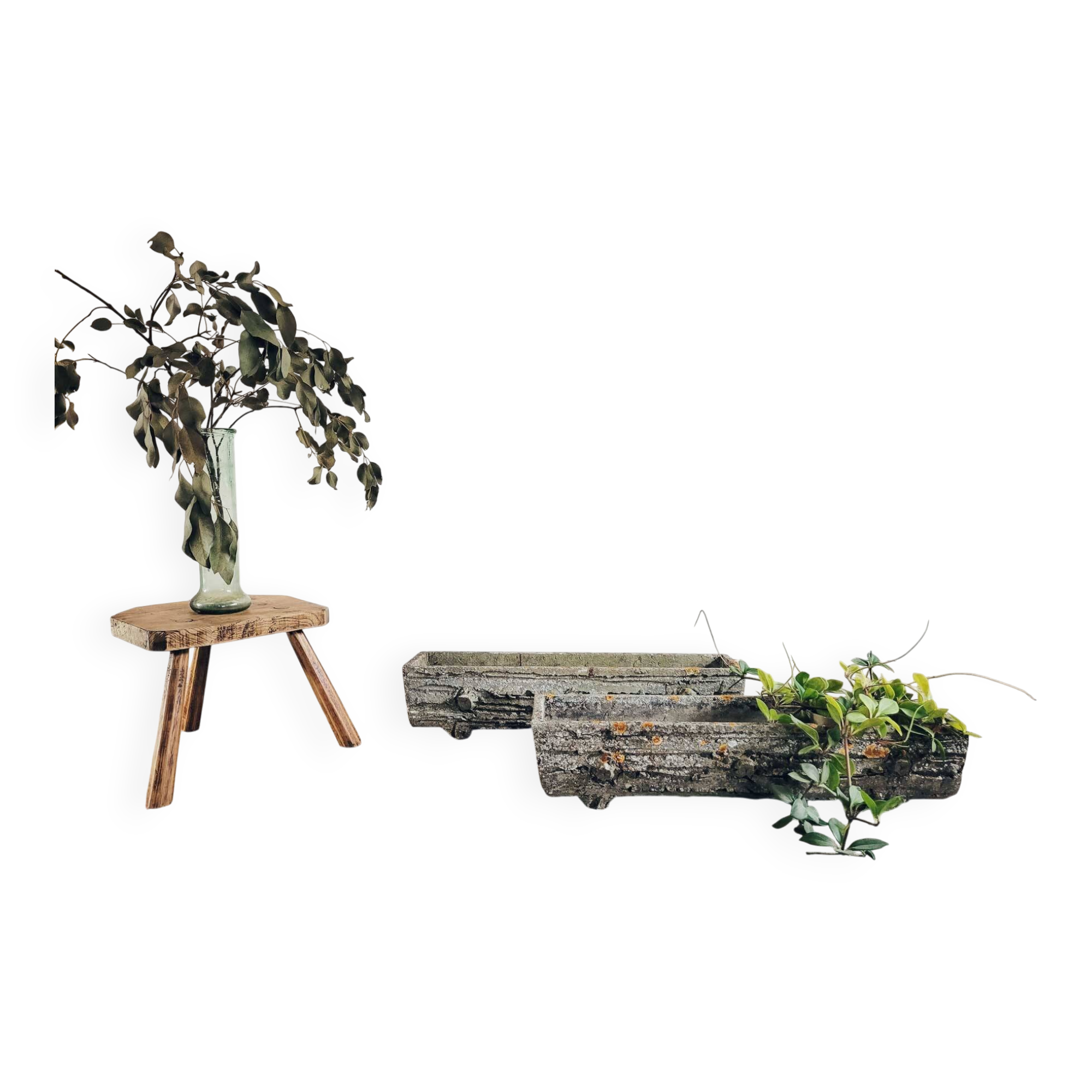 Old planters in faux cement wood