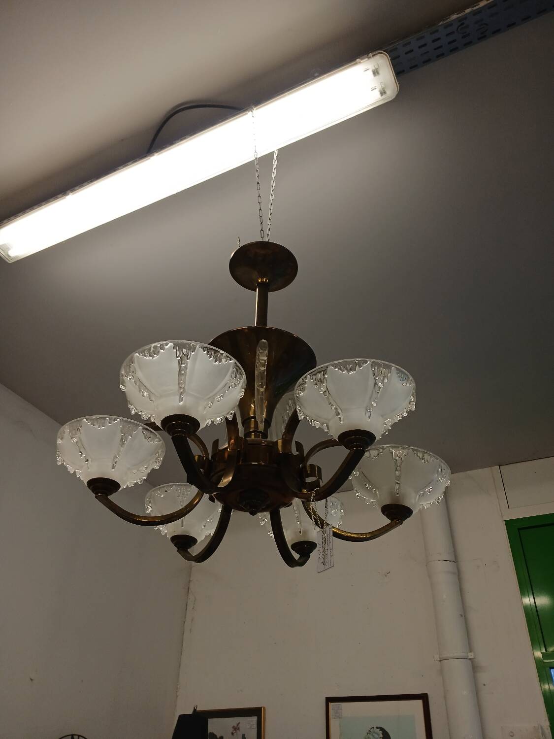 Antique Art Deco brass and glass chandelier