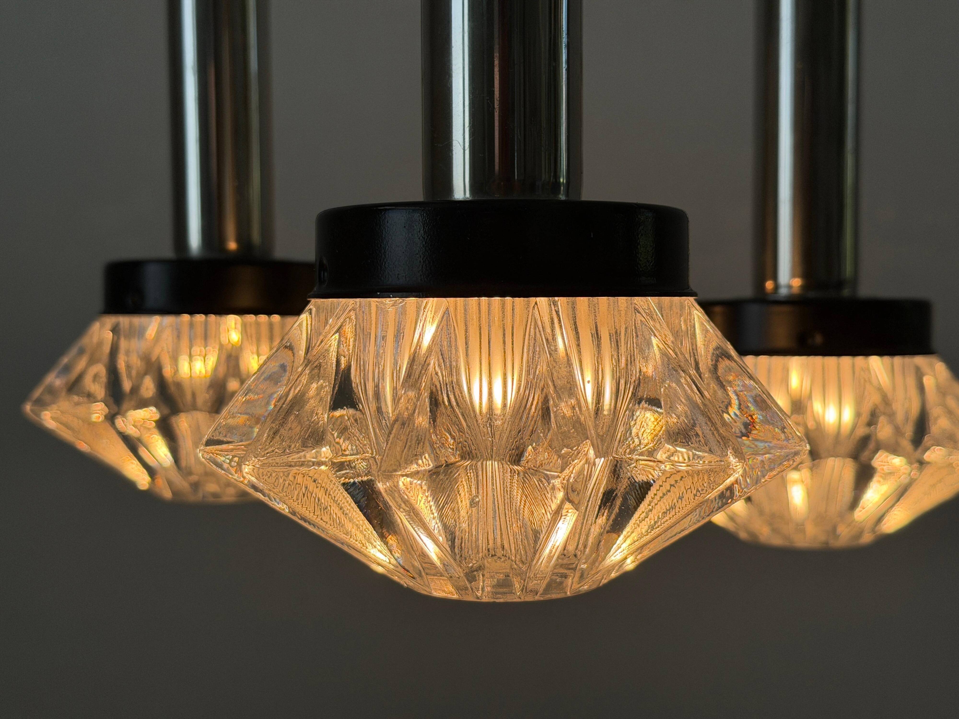 Suspended cascade lamp with 3 glass crystal and metal shades, 1960s, Germany
