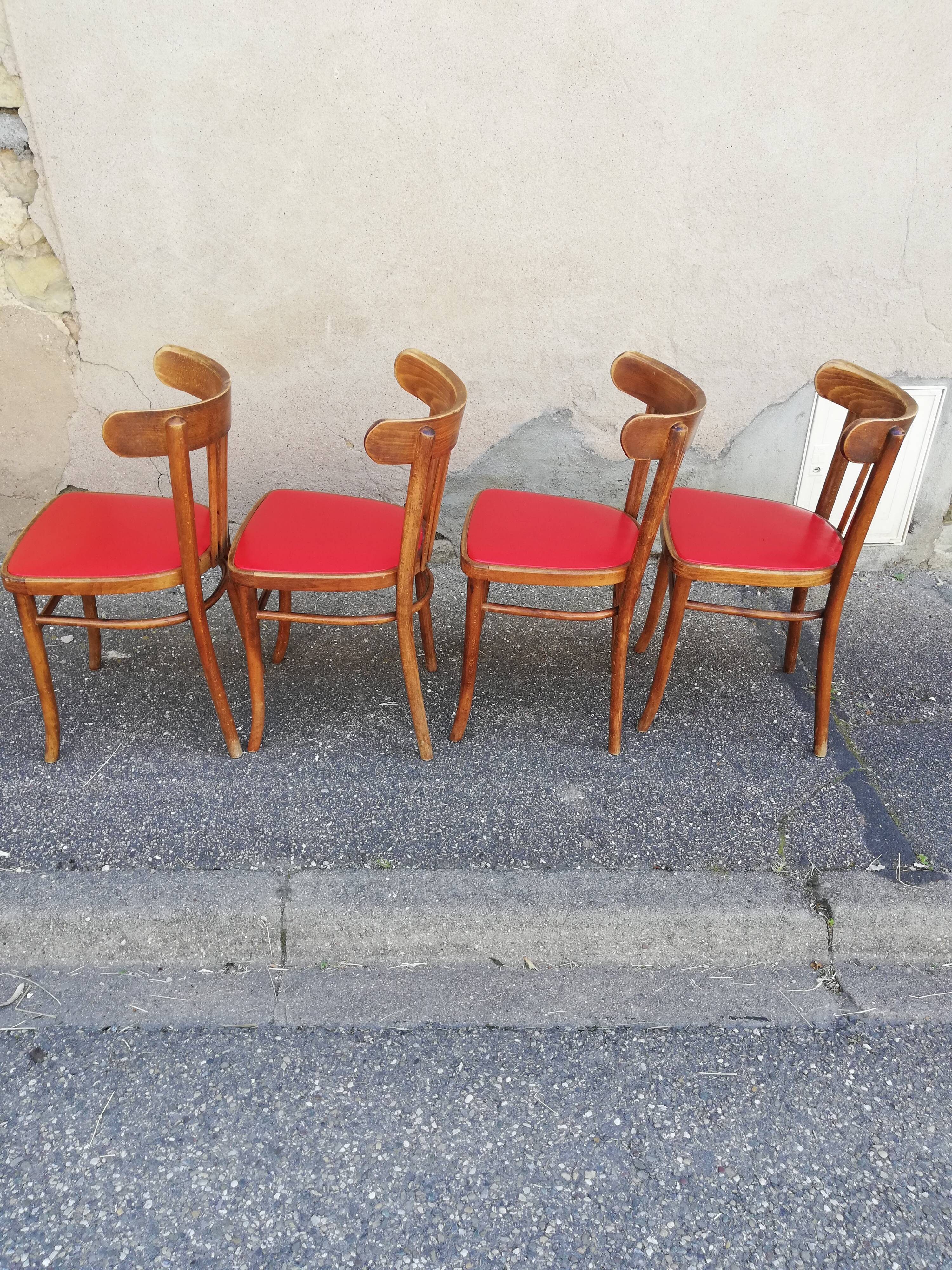Set of 4 chairs bistro wood and red skai