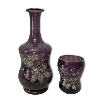 Art Nouveau night decanter and glass enamelled decoration flowers around 1900