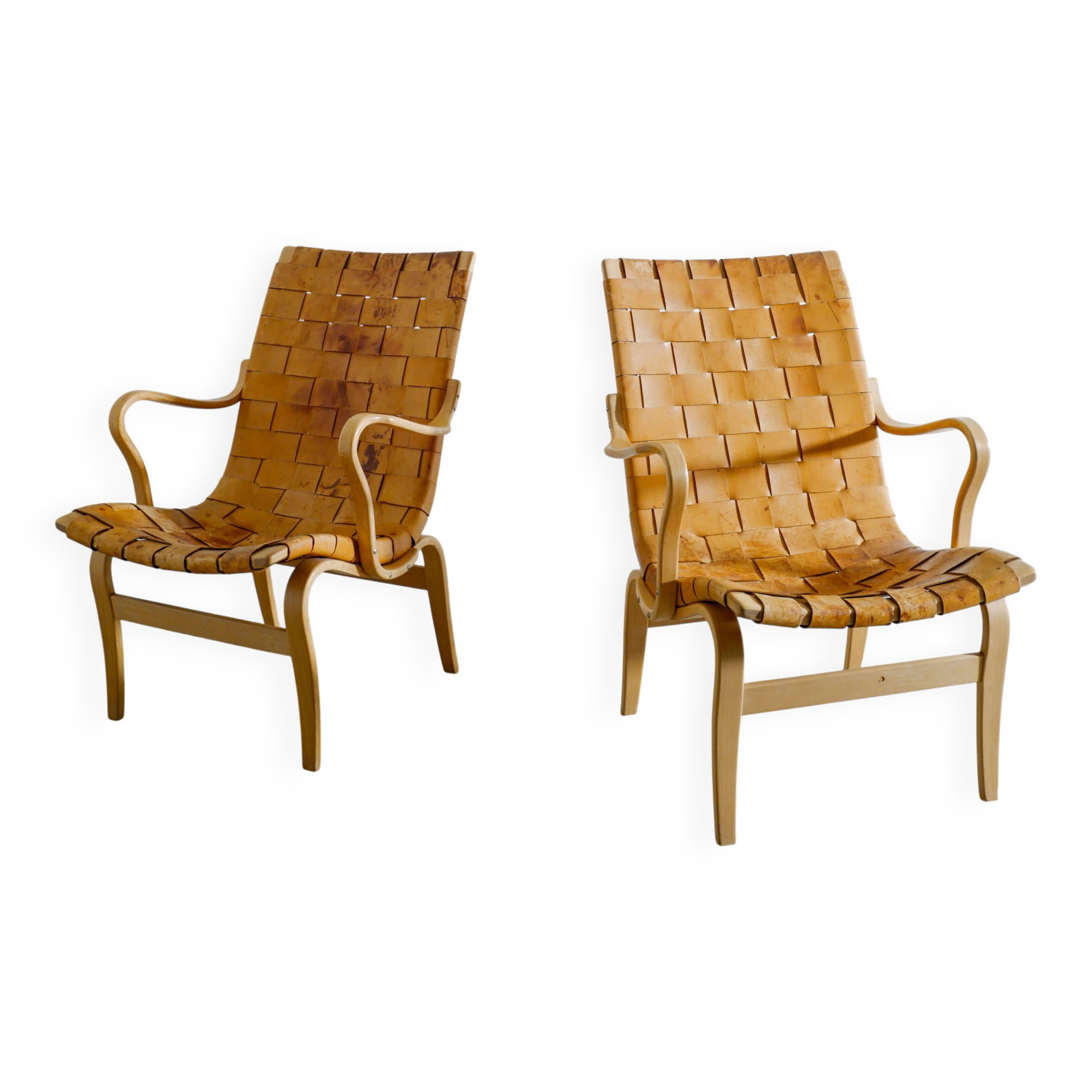Swedish Mid Century Wooden Leather "Eva" Armchairs Bruno Mathsson, 1970s