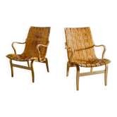 Swedish Mid Century Wooden Leather "Eva" Armchairs Bruno Mathsson, 1970s