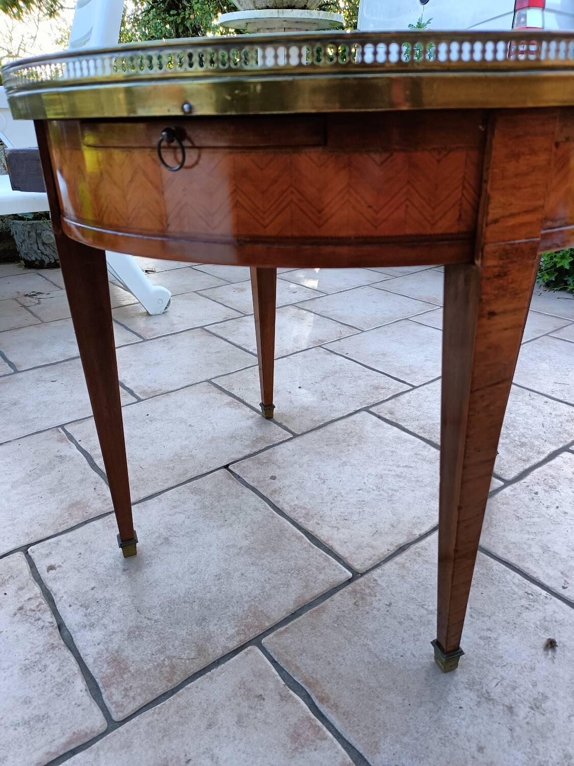 Antique Louis XVI style hot water bottle table with marble top