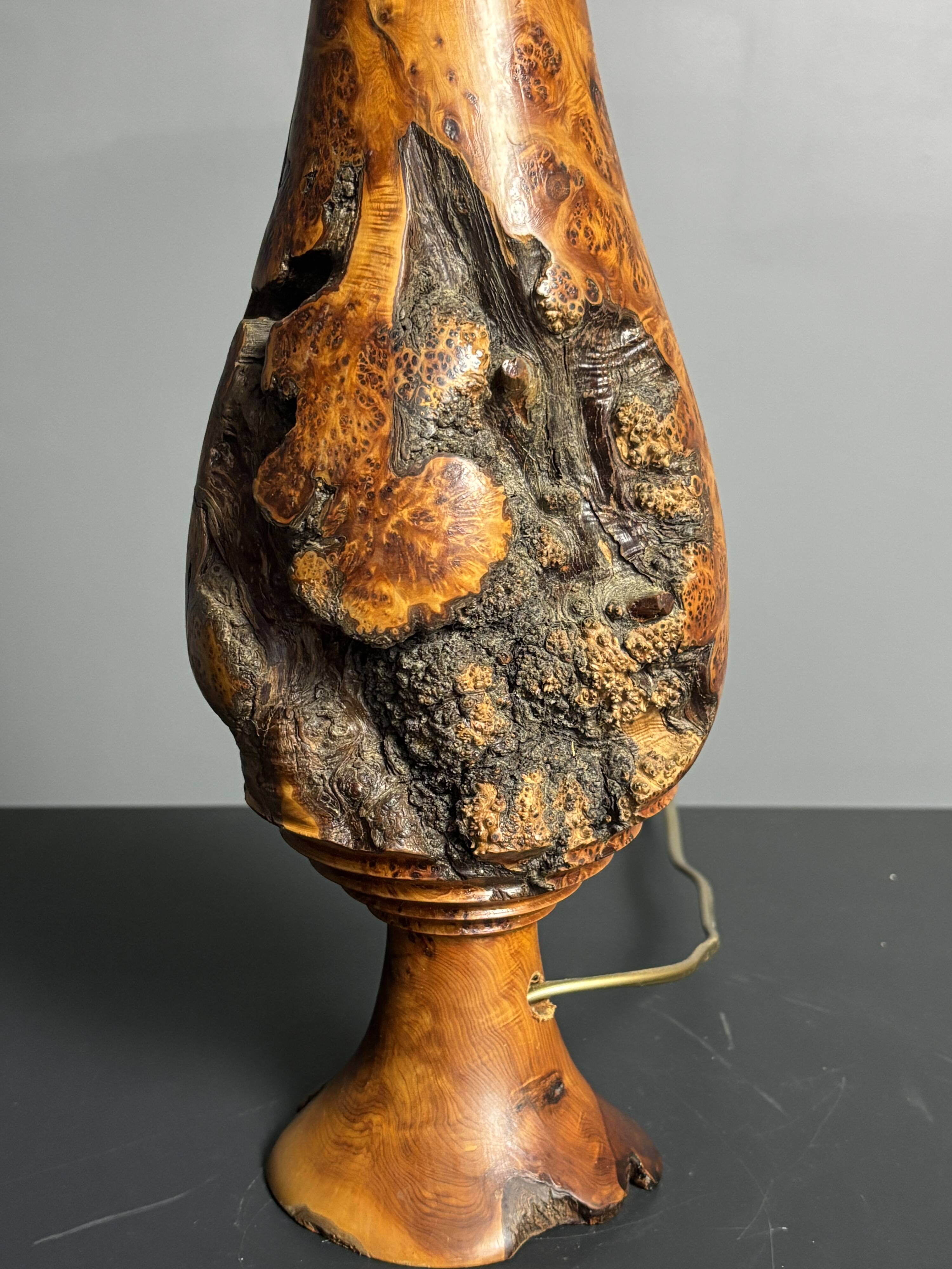 Sculptural artisanal brutalist midcentury burl wood turned table lamp 1960s