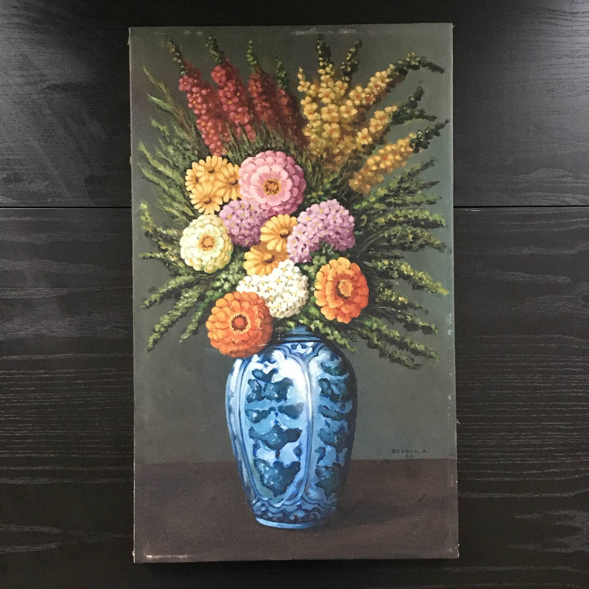 Tableau bouquet de dahlias signé Decock 66