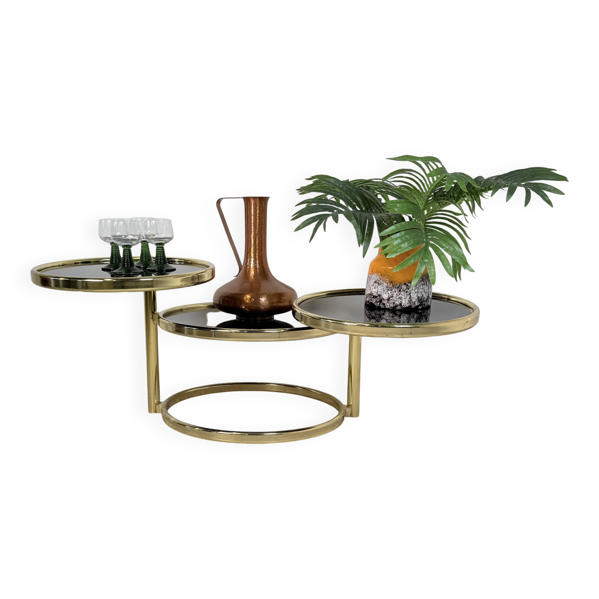 Vintage Hollywood Regency Swivel Cascade Coffee Table with Black Glass