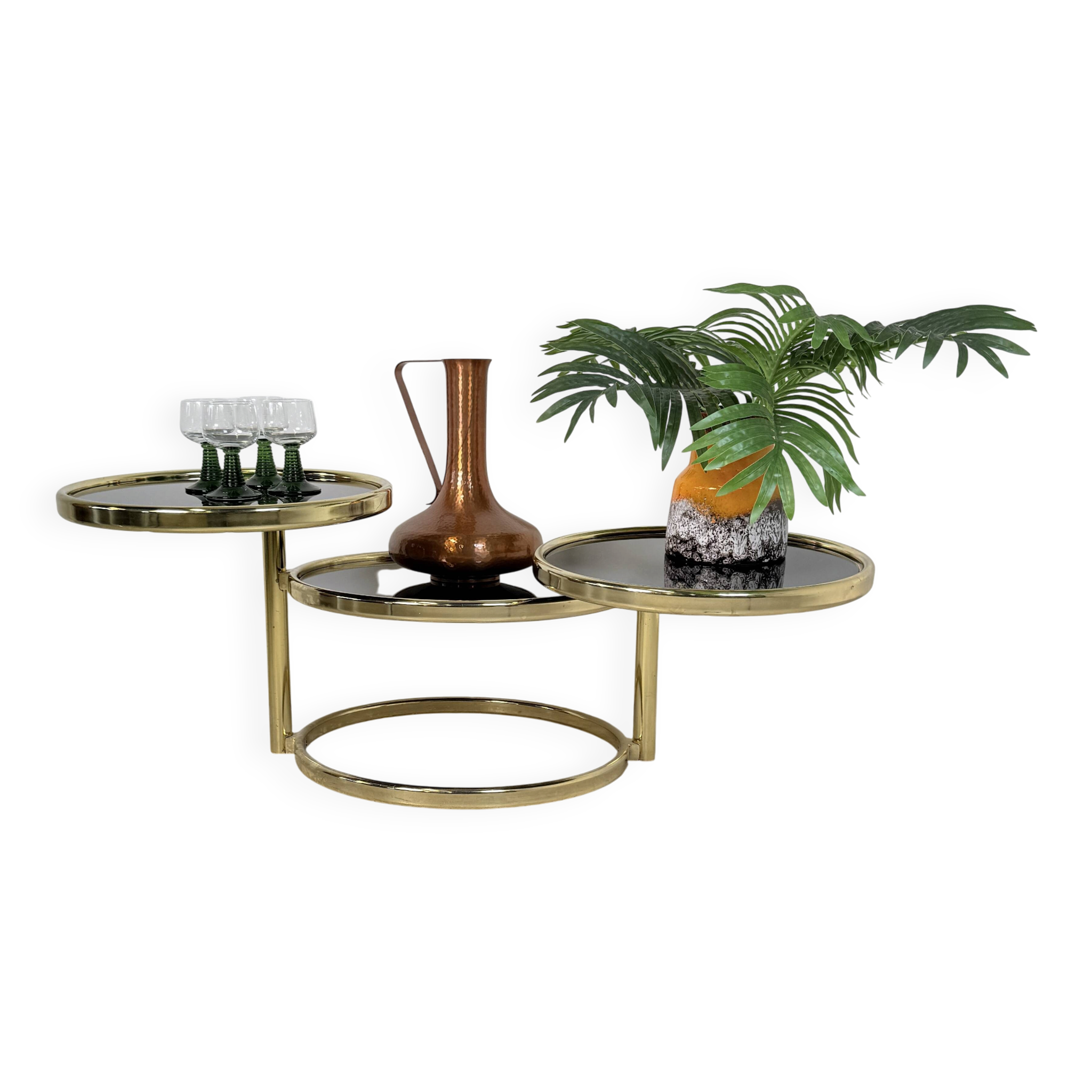 Table basse à cascade pivotante Hollywood Regency vintage avec verre noir