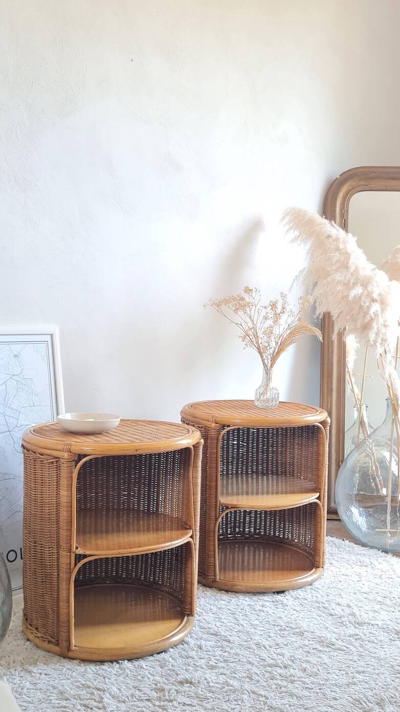 Pair of wicker bedside tables circa the 1970s.