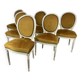 6 mustard-colored Louis XVI style medallion chairs