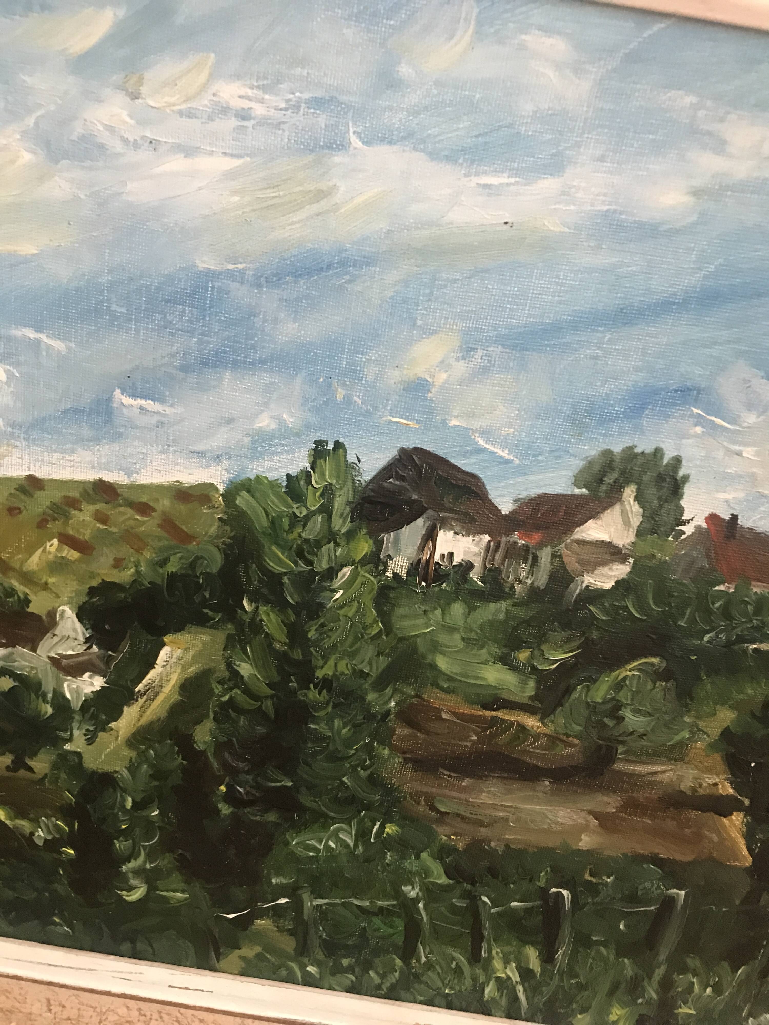 Old painting by Pierre Lebourg, landscape of the Allier