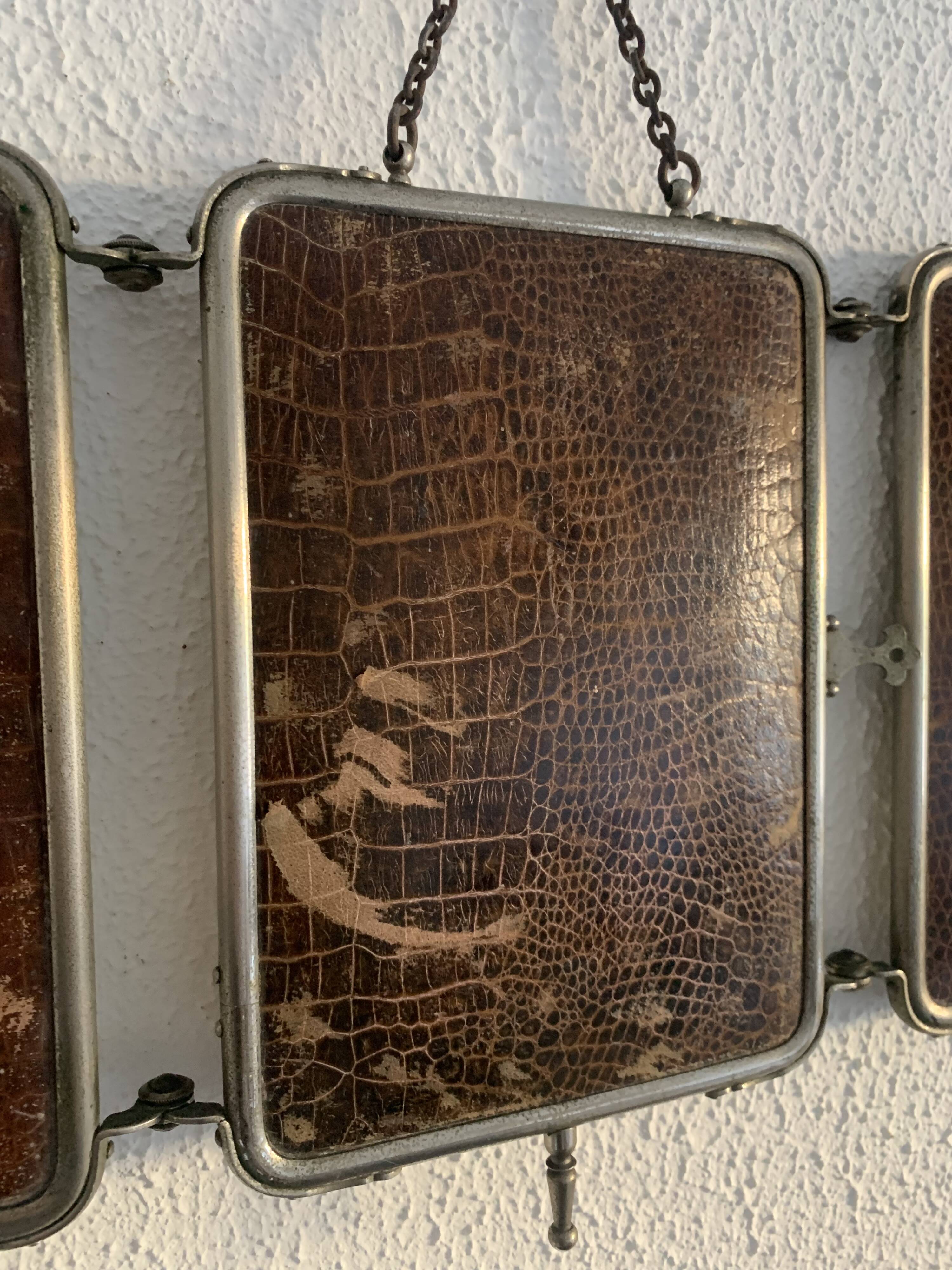 Miroir vintage 1910 triptyque barbier Art Déco armée - 24 x 51 cm