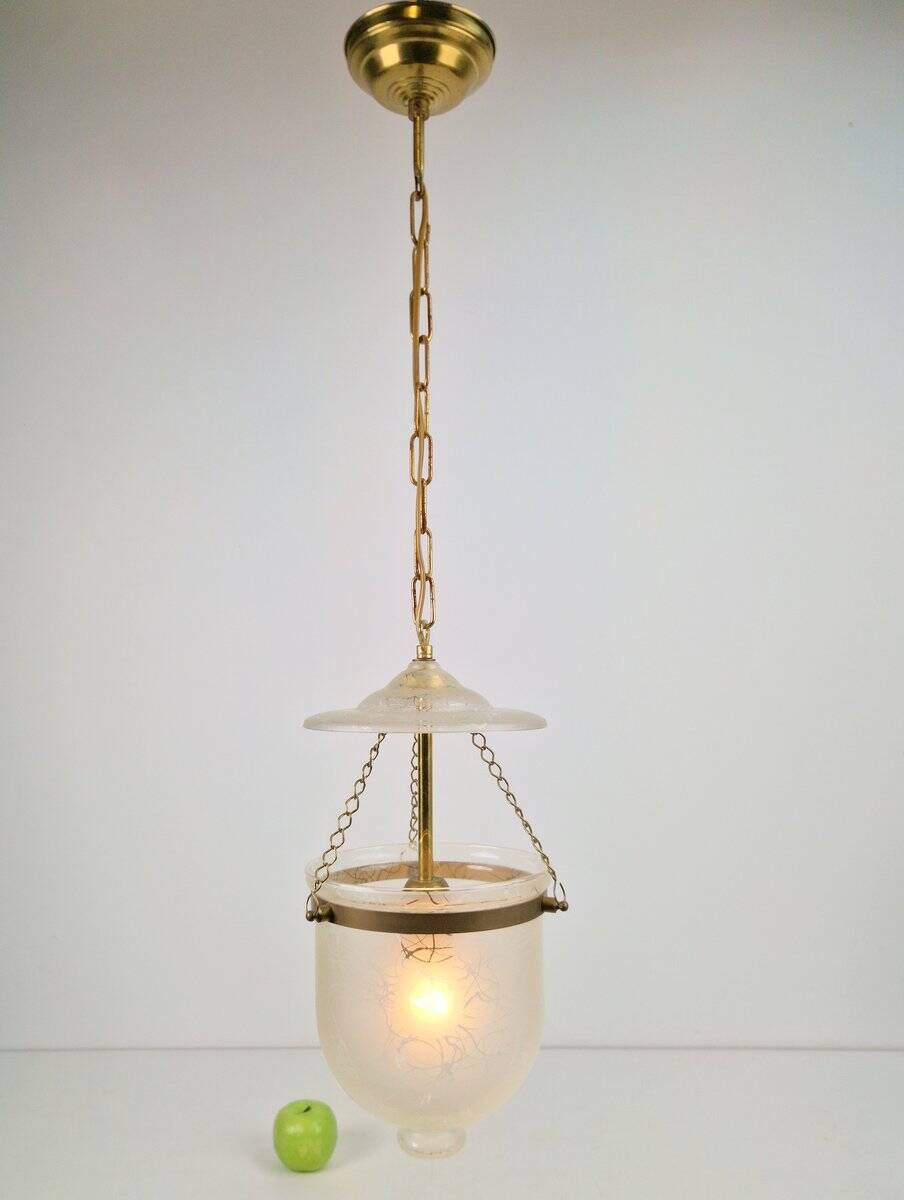 Vintage Brass and Mounted Glass Hundi Lantern Bell Lamp, 1950s