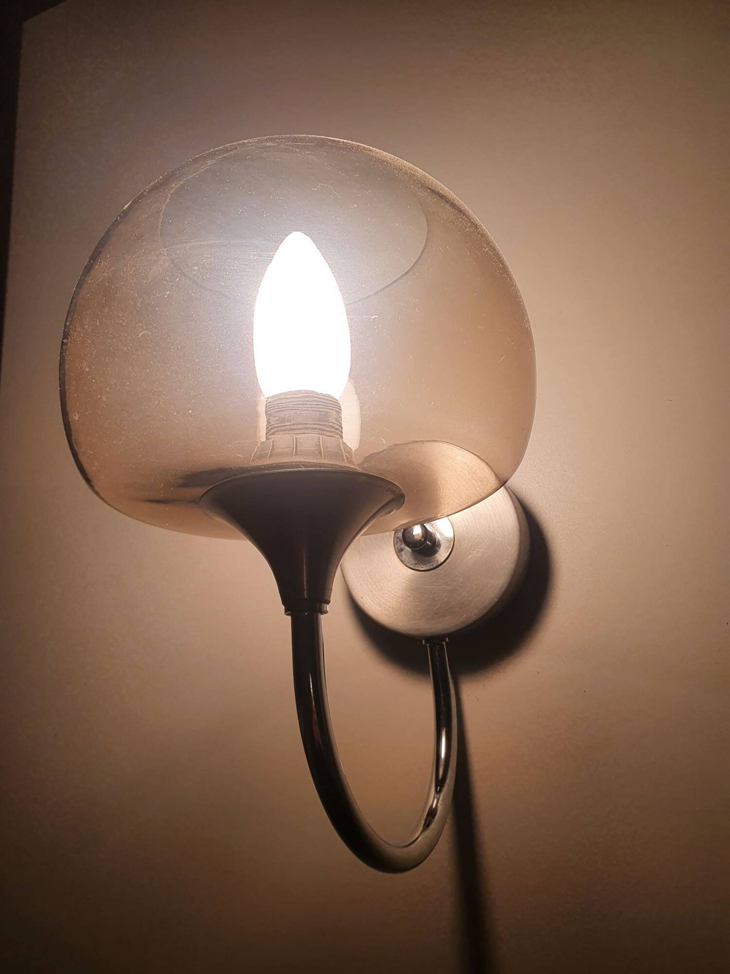 Pair of chrome metal and smoked glass wall lights from the 80s