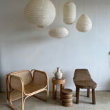 Suspension in rattan and japanese natural linen in the shape of a lantern h50 d30