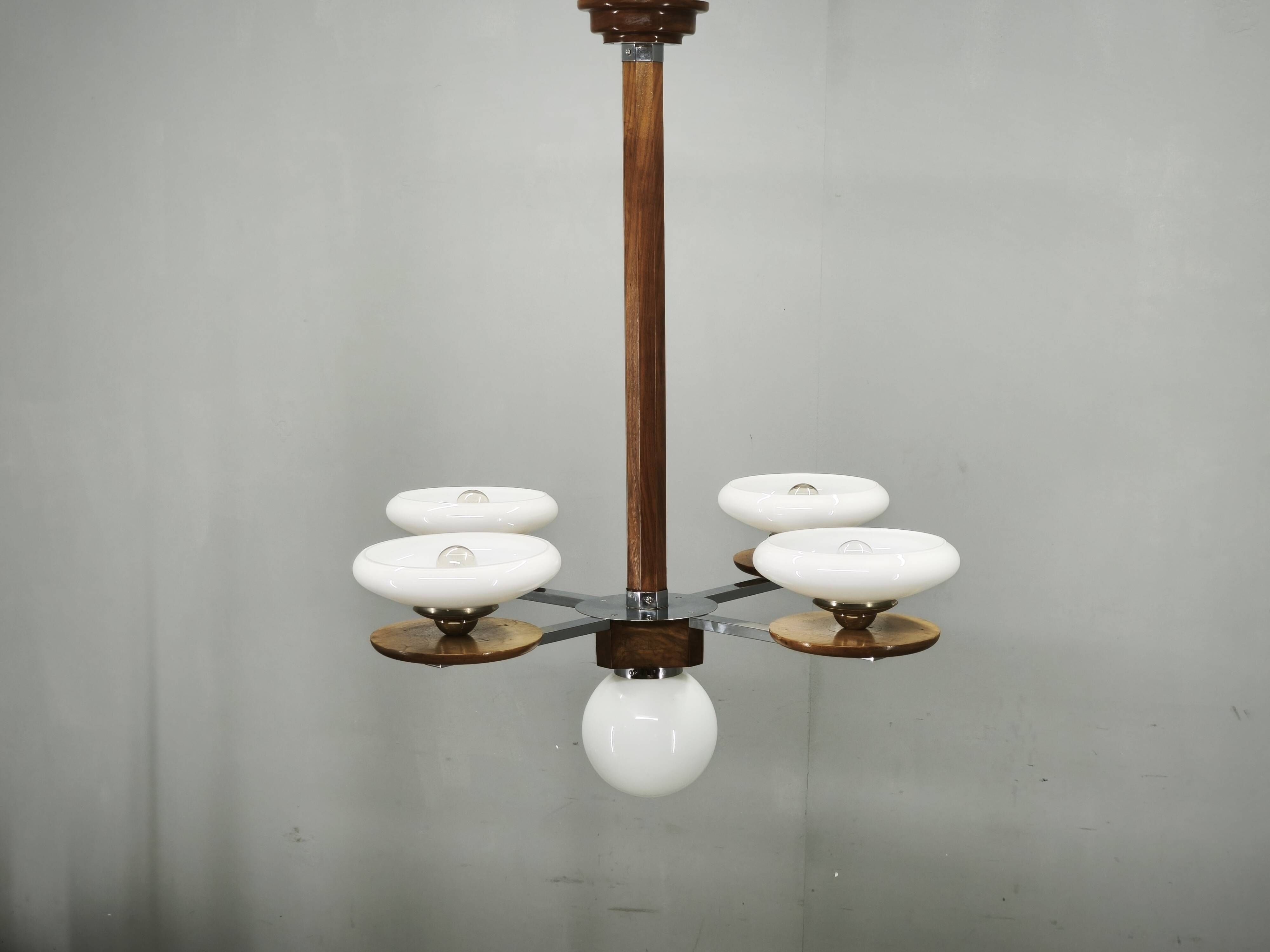 Czech Art Deco Walnut, Chrome and Opaline Glass Chandelier, 1930s