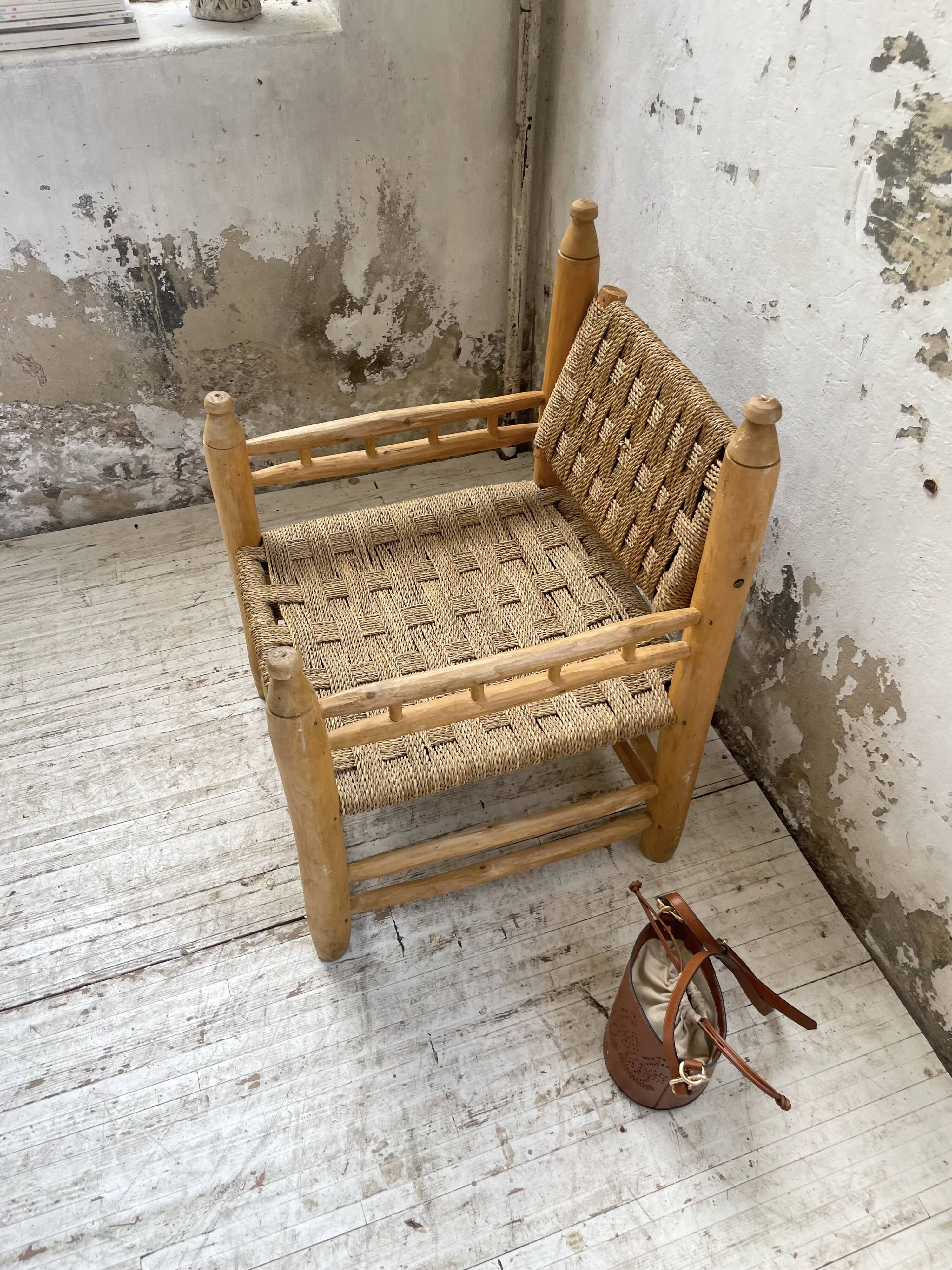 Moroccan wooden and rope armchair