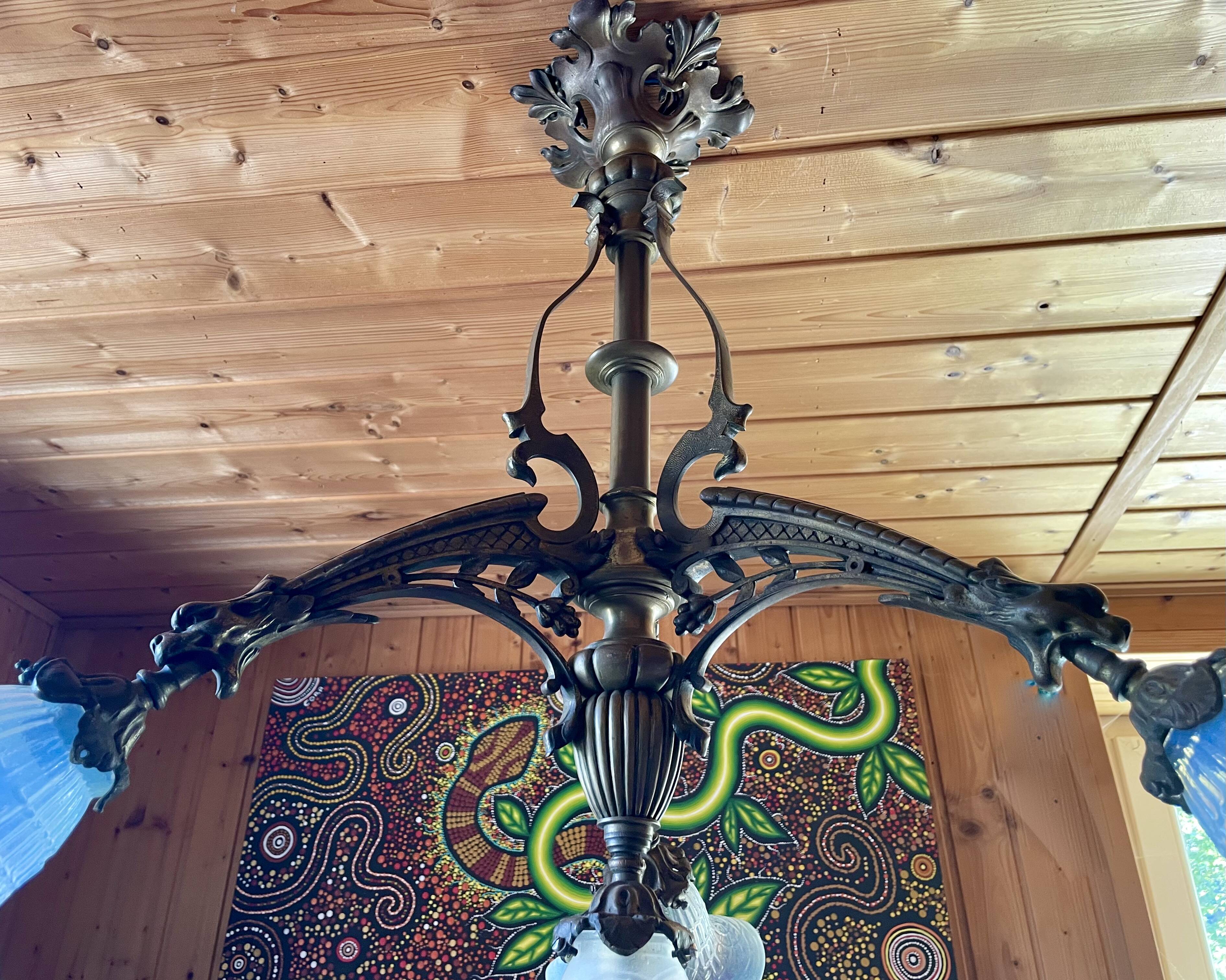 Large bronze chandelier, opaline tulip, early 20th century