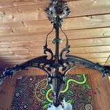 Large bronze chandelier, opaline tulip, early 20th century