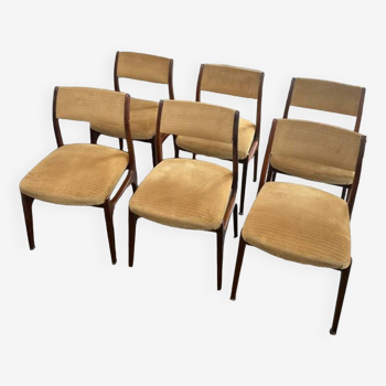 Rare - Set of 6 vintage Scandinavian chairs teak & sand velvet - 60's