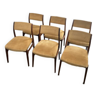 Rare - Set of 6 vintage Scandinavian chairs teak & sand velvet - 60's