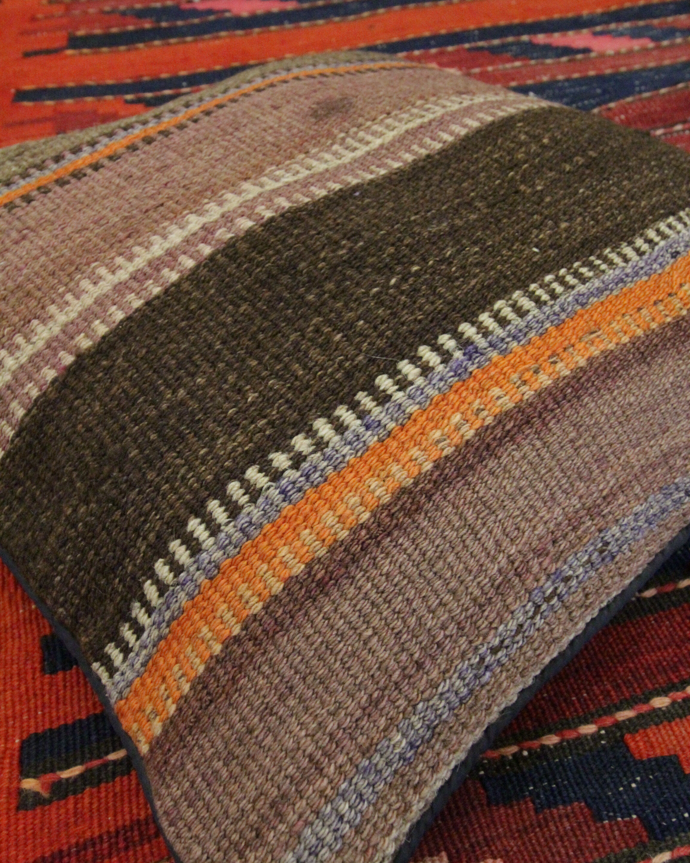 Striped Wool Kilim Cushion Cover Brown Purple Pillow Case- 39x39cm
