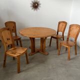 French design pine table and chair set from the 70s brutalist vintage arcs